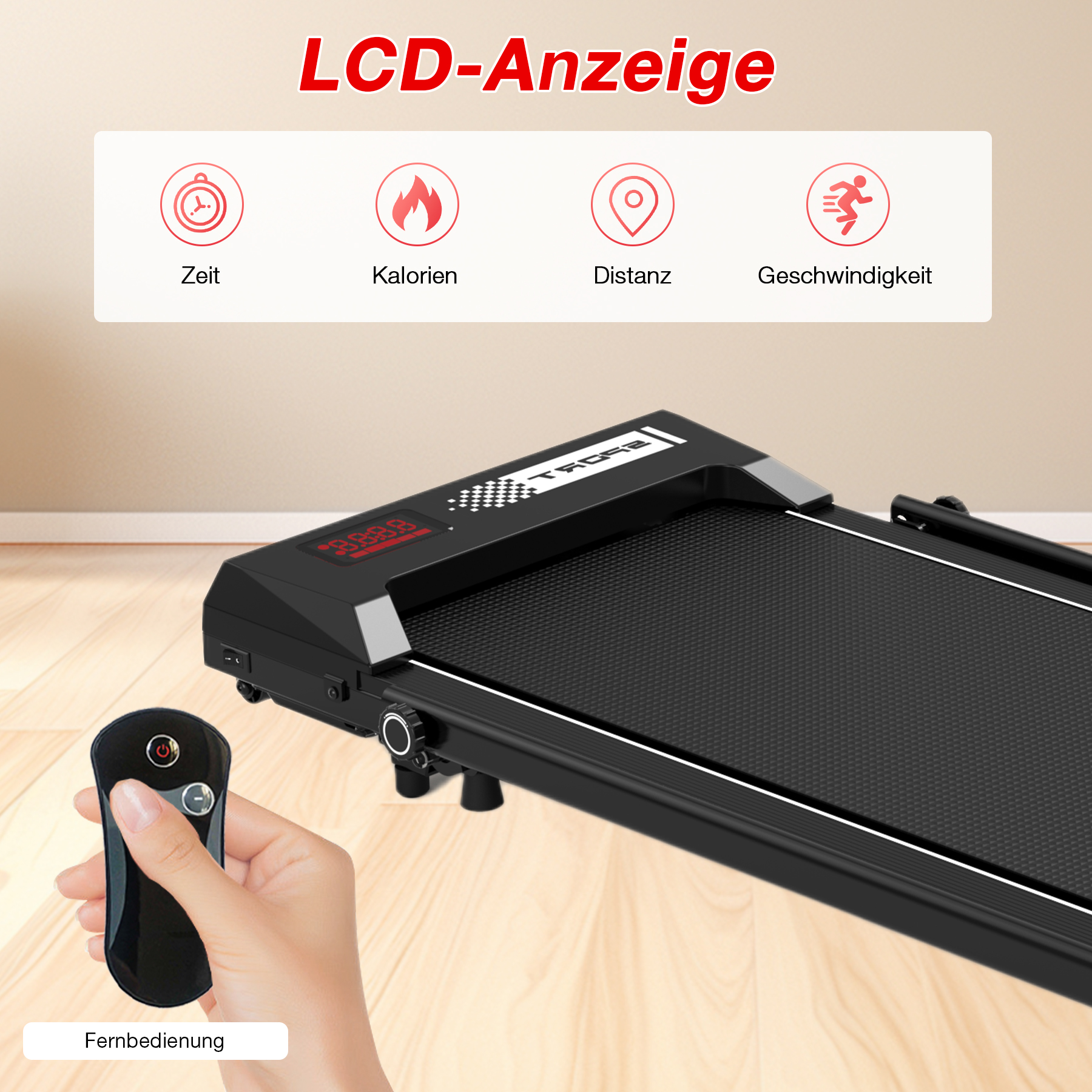 Ein schwarzes Laufband mit LCD-Anzeige und Fernbedienung in der Hand. Die Anzeige zeigt Zeit, Kalorien, Distanz und Geschwindigkeit.