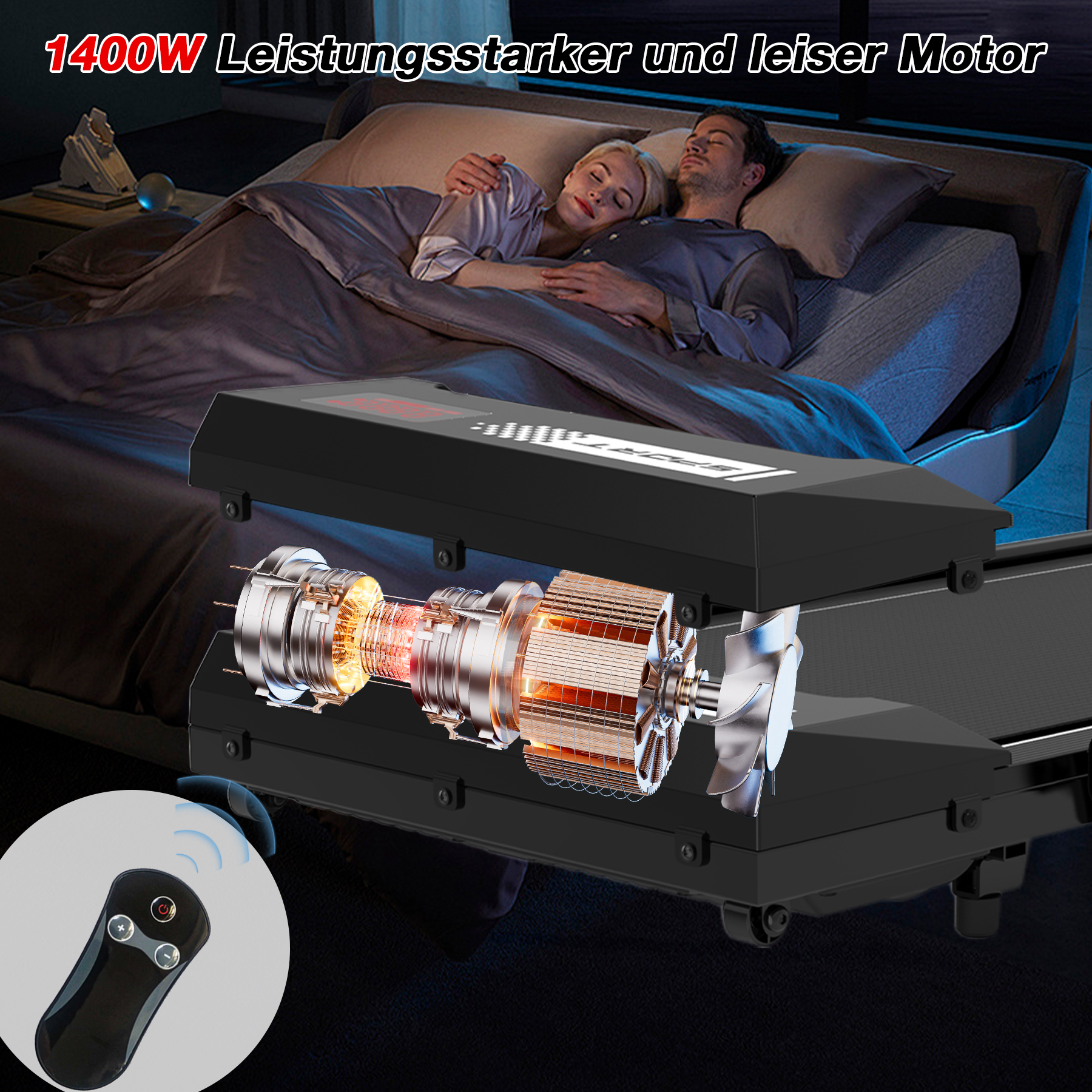 Ein schlafendes Paar im Bett mit einem Laufbandmotor im Vordergrund. Fernbedienung ist links unten gezeigt.