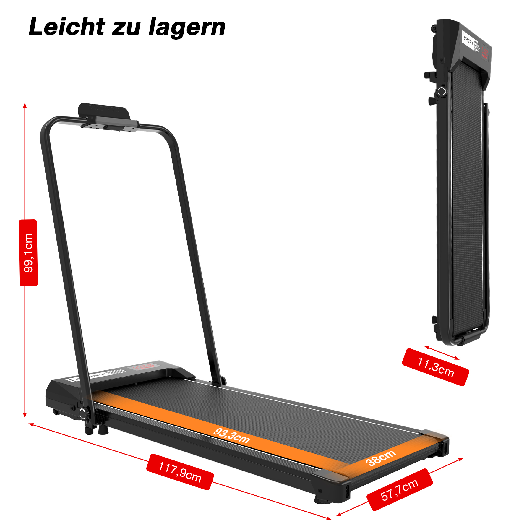 Ein schwarz-oranges Laufband wird gefaltet und ungefaltet mit Beschriftungen der Maße gezeigt. Der Text „Leicht zu lagern“ steht oben.