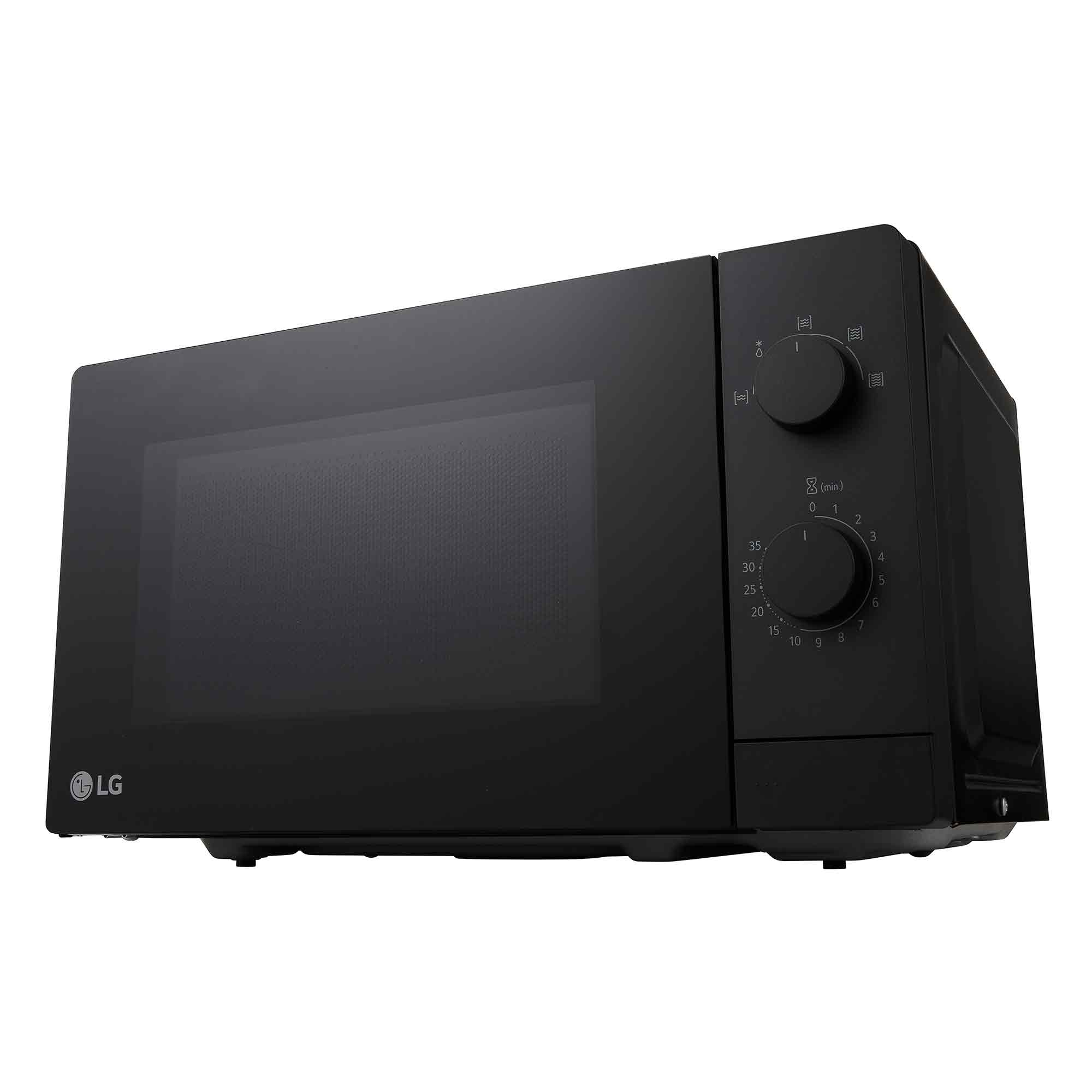 Schwarze LG-Mikrowelle auf weißem Hintergrund. Sie hat Drehregler für Zeit und Leistung. Das LG-Logo ist sichtbar.
