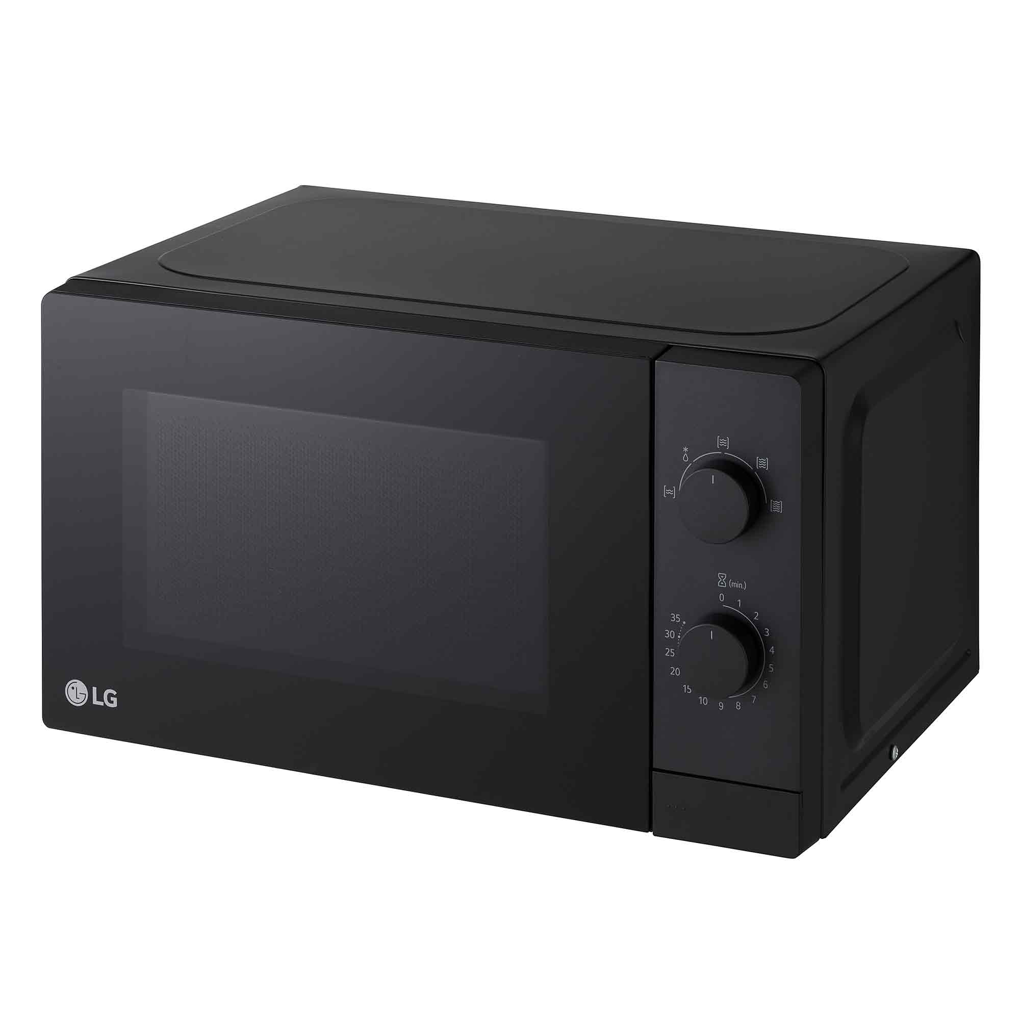 Schwarze LG-Mikrowelle. Sie hat ein digitales Display, Drehknöpfe und einen Timer. Das LG-Logo befindet sich links.