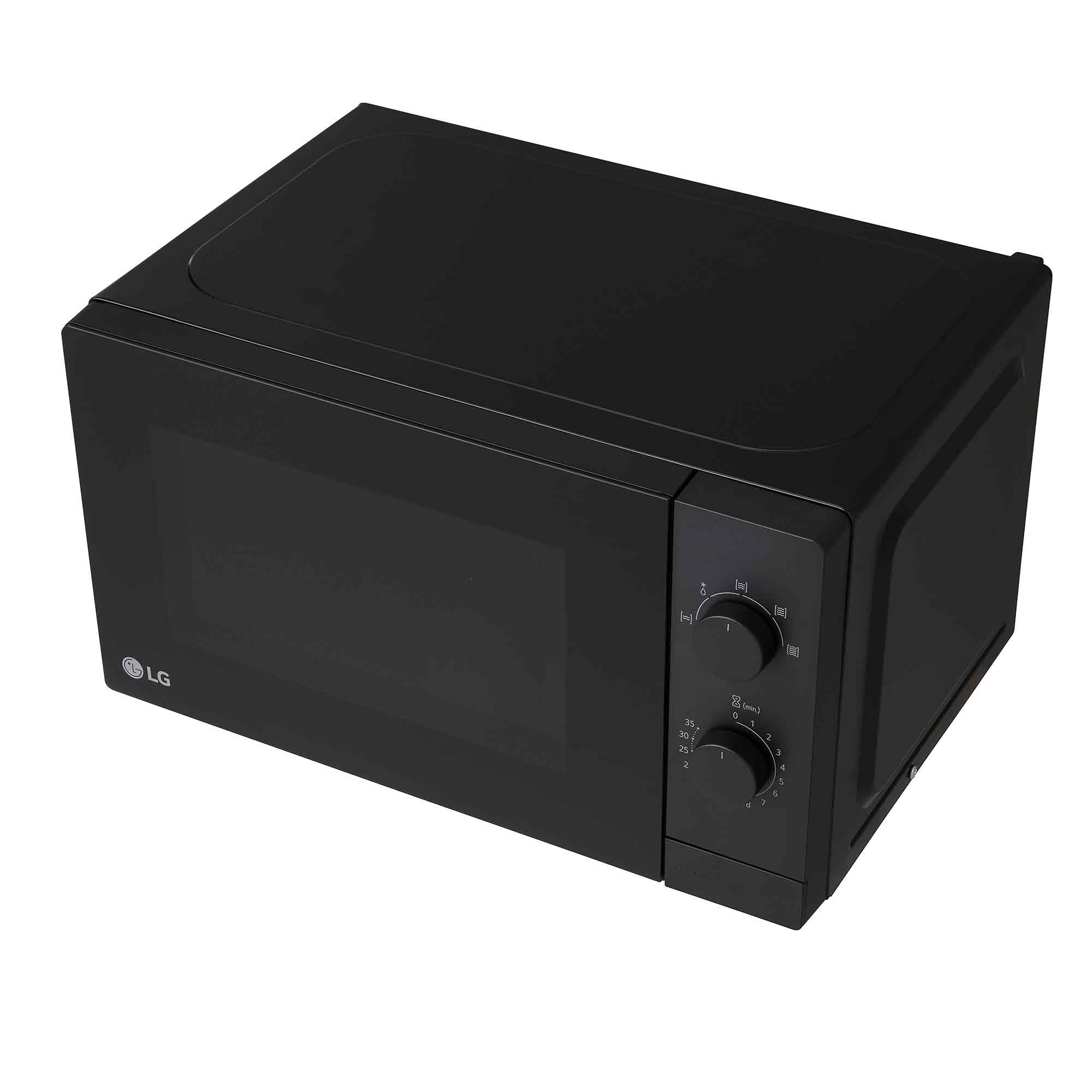 Eine schwarze LG-Mikrowelle auf weißem Hintergrund. Sie hat ein Bedienfeld und eine Tür mit dem LG-Logo. Das Design ist elegant und modern.