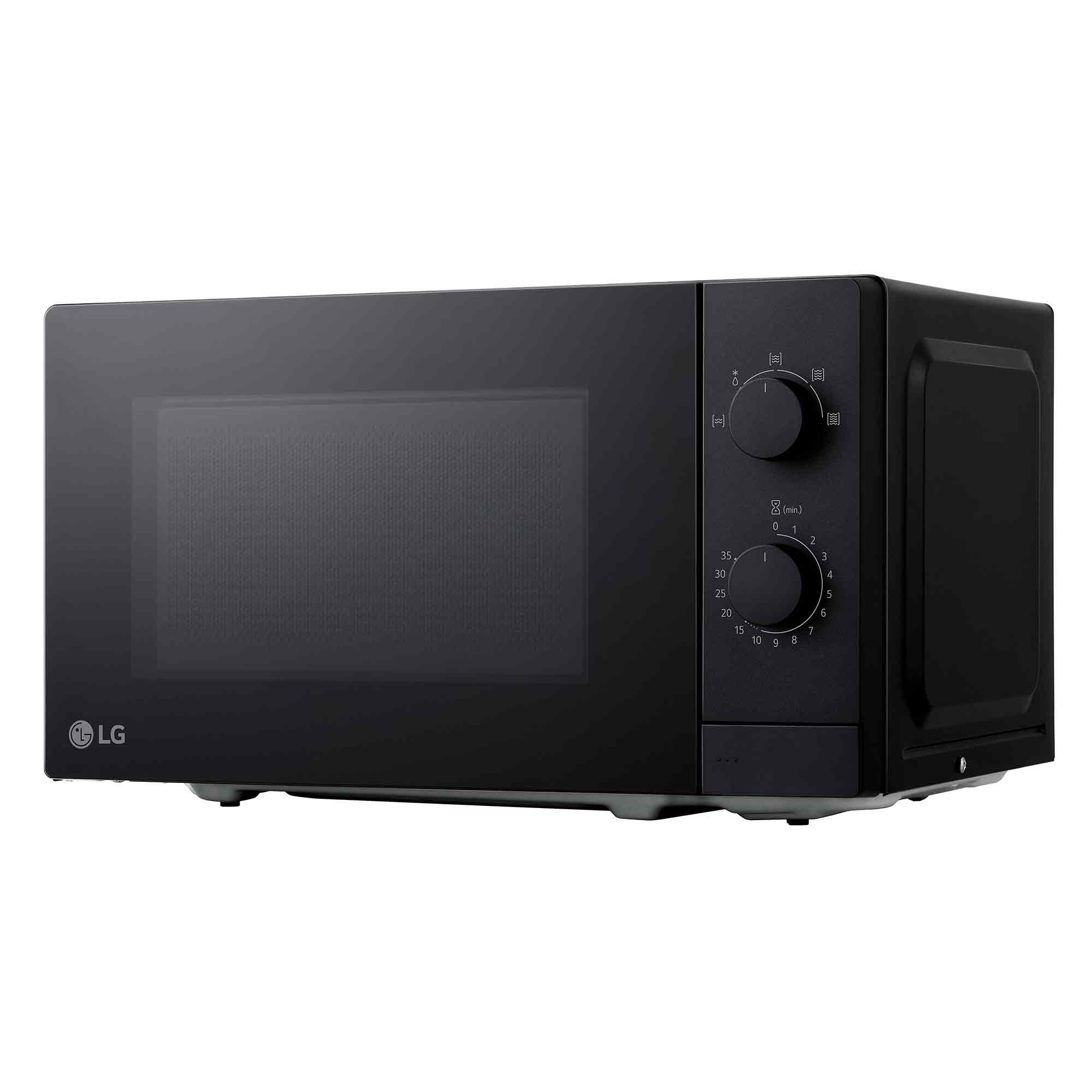 Schwarze LG Mikrowelle. Sie hat eine Tür, Knöpfe und Regler. Das Display ist dunkel. Das LG-Logo ist links.