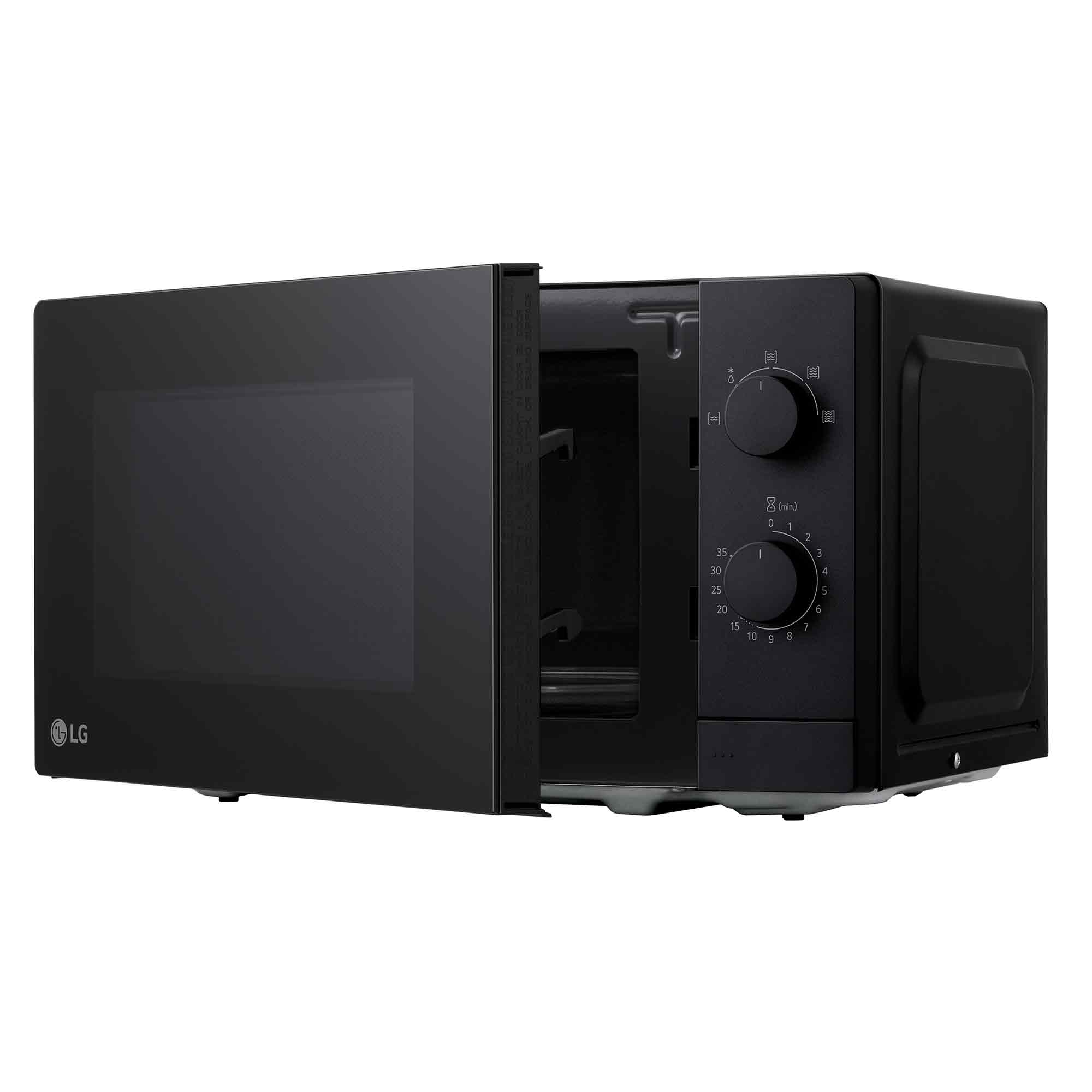 Ein schwarzer Mikrowellenherd mit geöffneter Tür. Es hat ein Bedienfeld mit Knöpfen und einem Digitaldisplay. Das LG-Logo ist sichtbar.