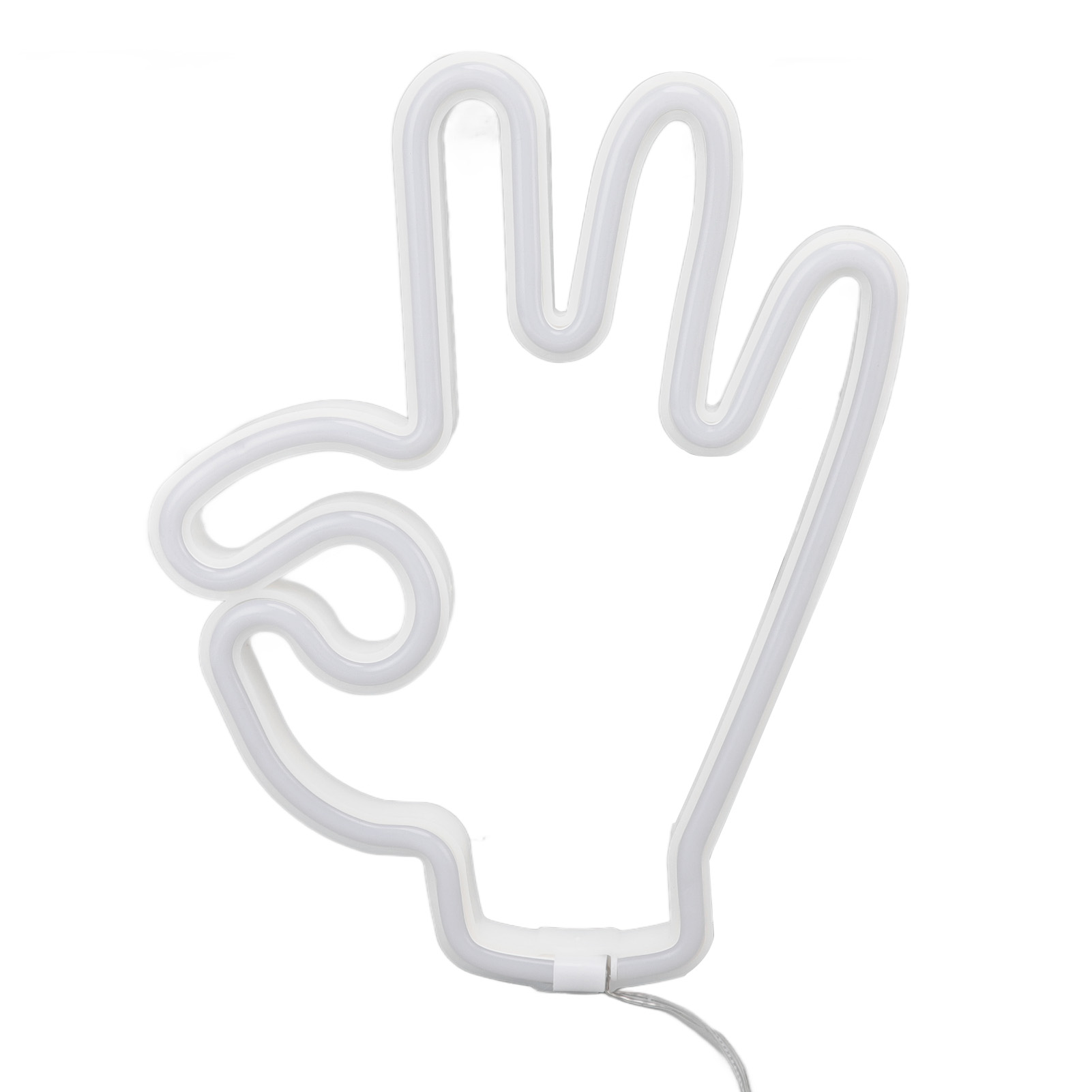 Ein weißes Neonlicht in Form einer Hand mit dem "Okay"-Zeichen auf weißem Hintergrund.