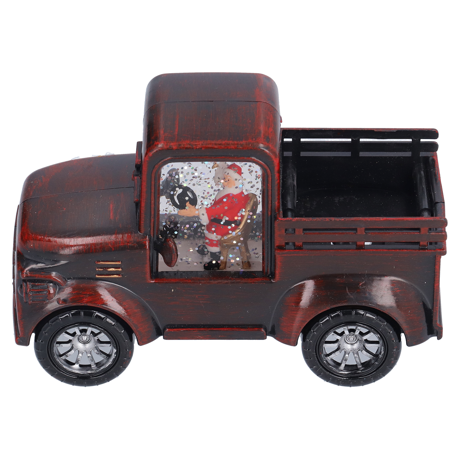 Ein roter Spielzeug-LKW mit Weihnachtsmann in einer Schneekugel. Der LKW hat schwarze Räder und eine Ladefläche.
