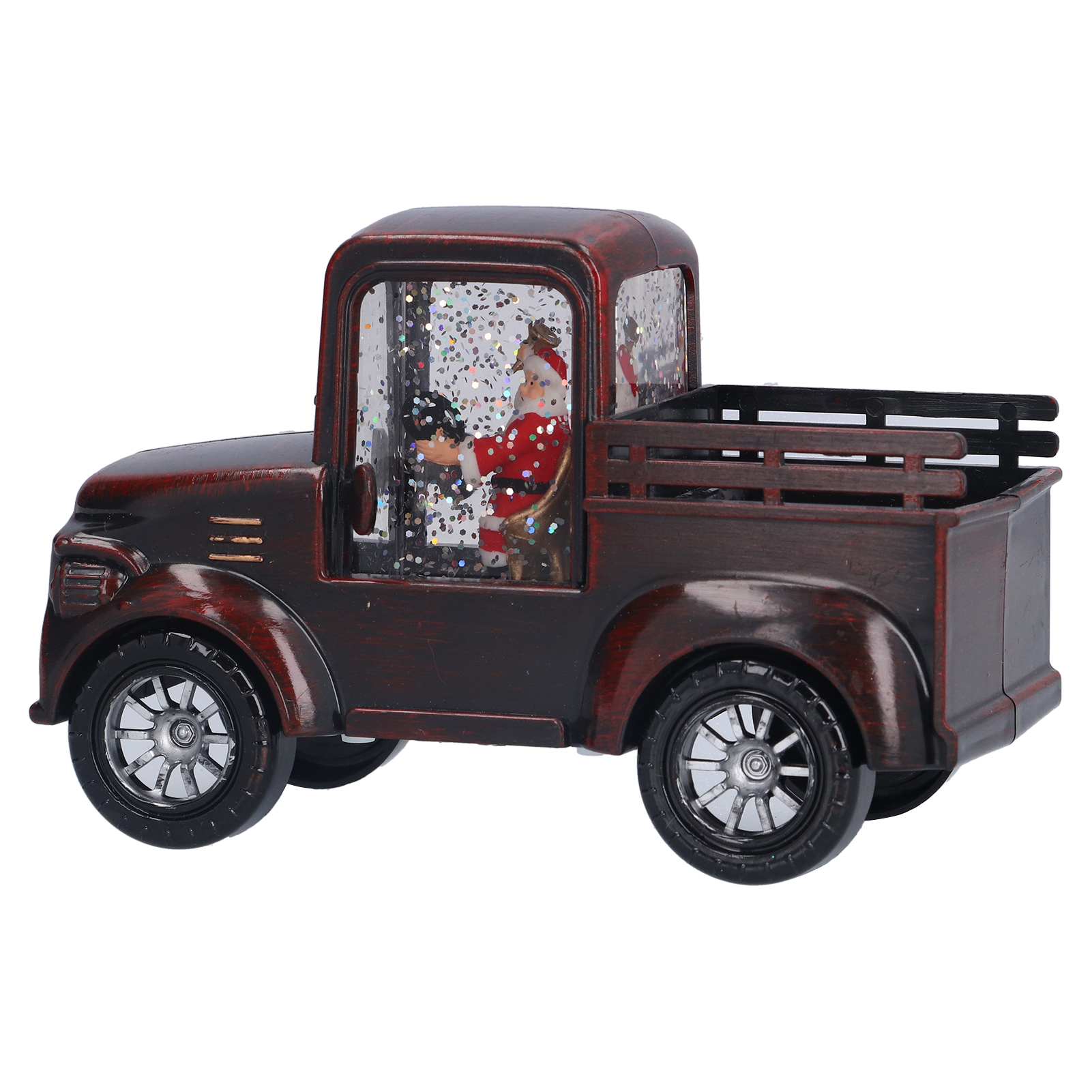 Ein dekorativer roter LKW mit Weihnachtsmann im Inneren, umgeben von Glitzer. Der LKW hat schwarze Räder und eine hölzerne Ladefläche.