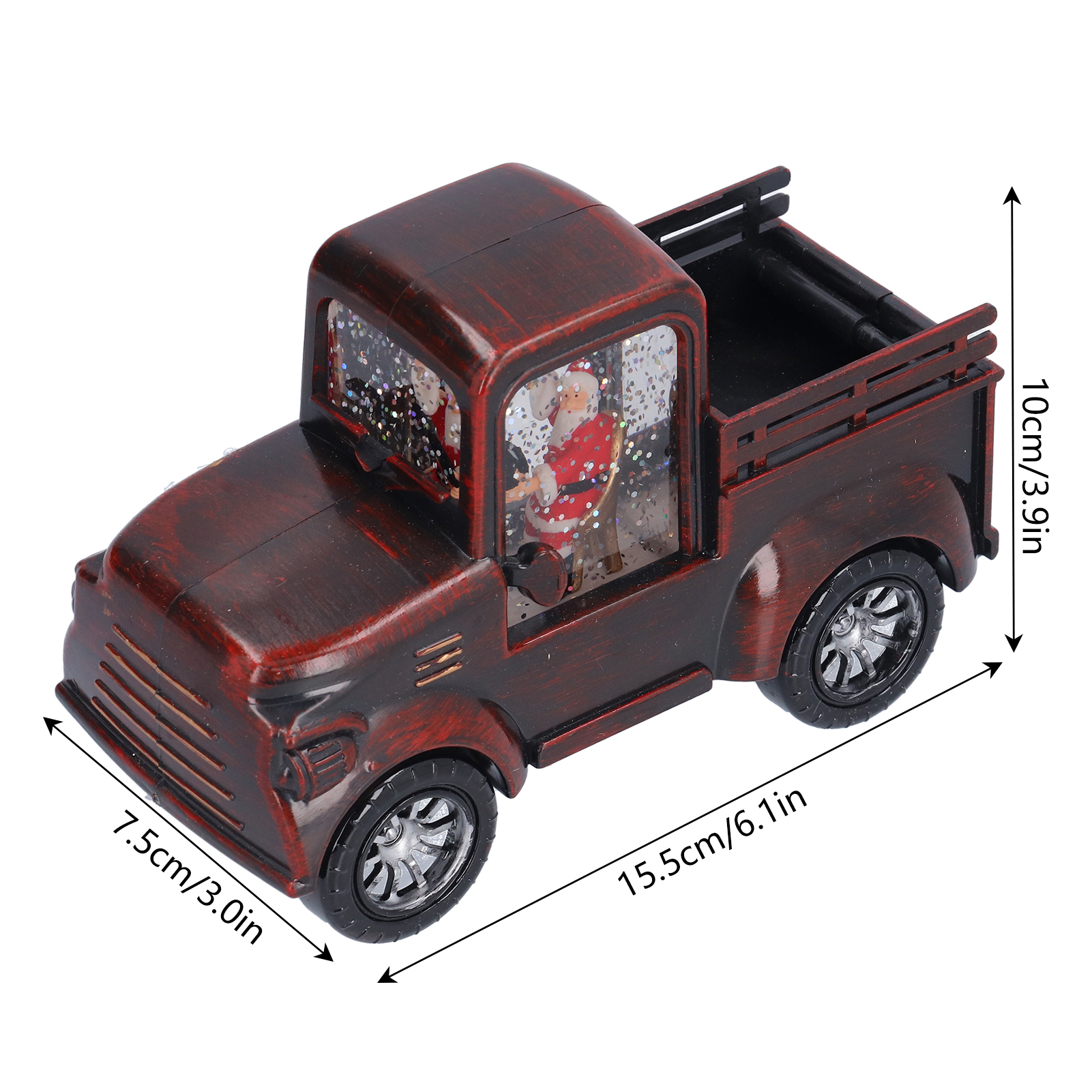 Ein rotbrauner Spielzeug-LKW mit dem Weihnachtsmann im Inneren. Der LKW ist mit Glitzer verziert und hat Maßangaben.
