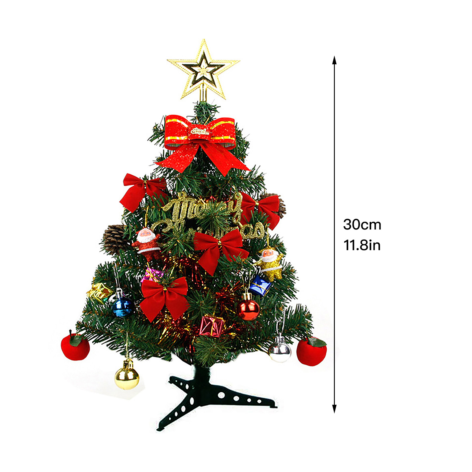 Ein kleiner Weihnachtsbaum mit roten Schleifen, Ornamenten und einem Sternaufsatz. Er ist 30 cm hoch, mit weißem Hintergrund.