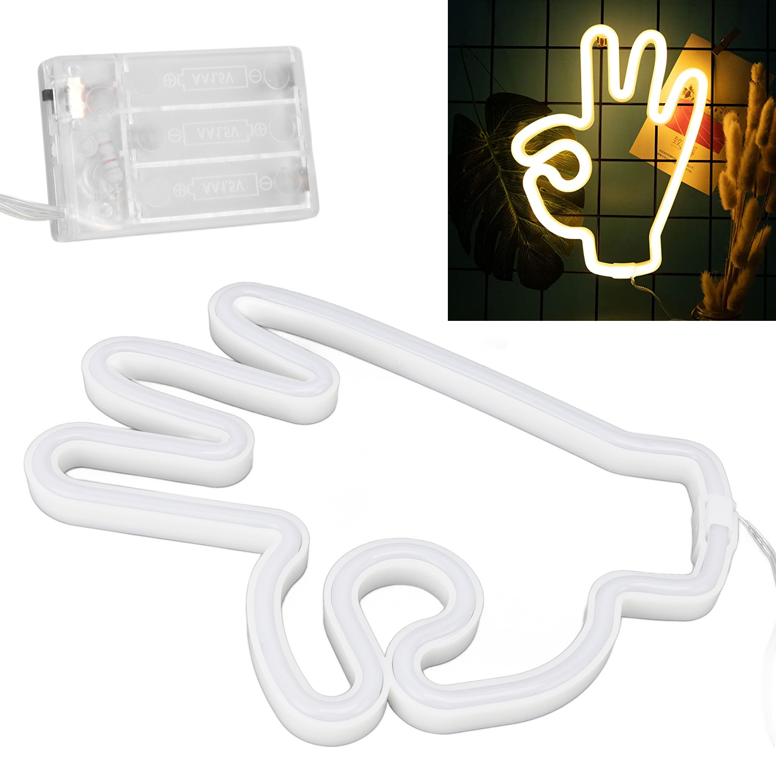 Ein weißes Neon-Handzeichen mit einem Akkupack. Im Hintergrund ein gelbes Neon-Handzeichen mit einem grünen Blatt und etwas Dekoration.