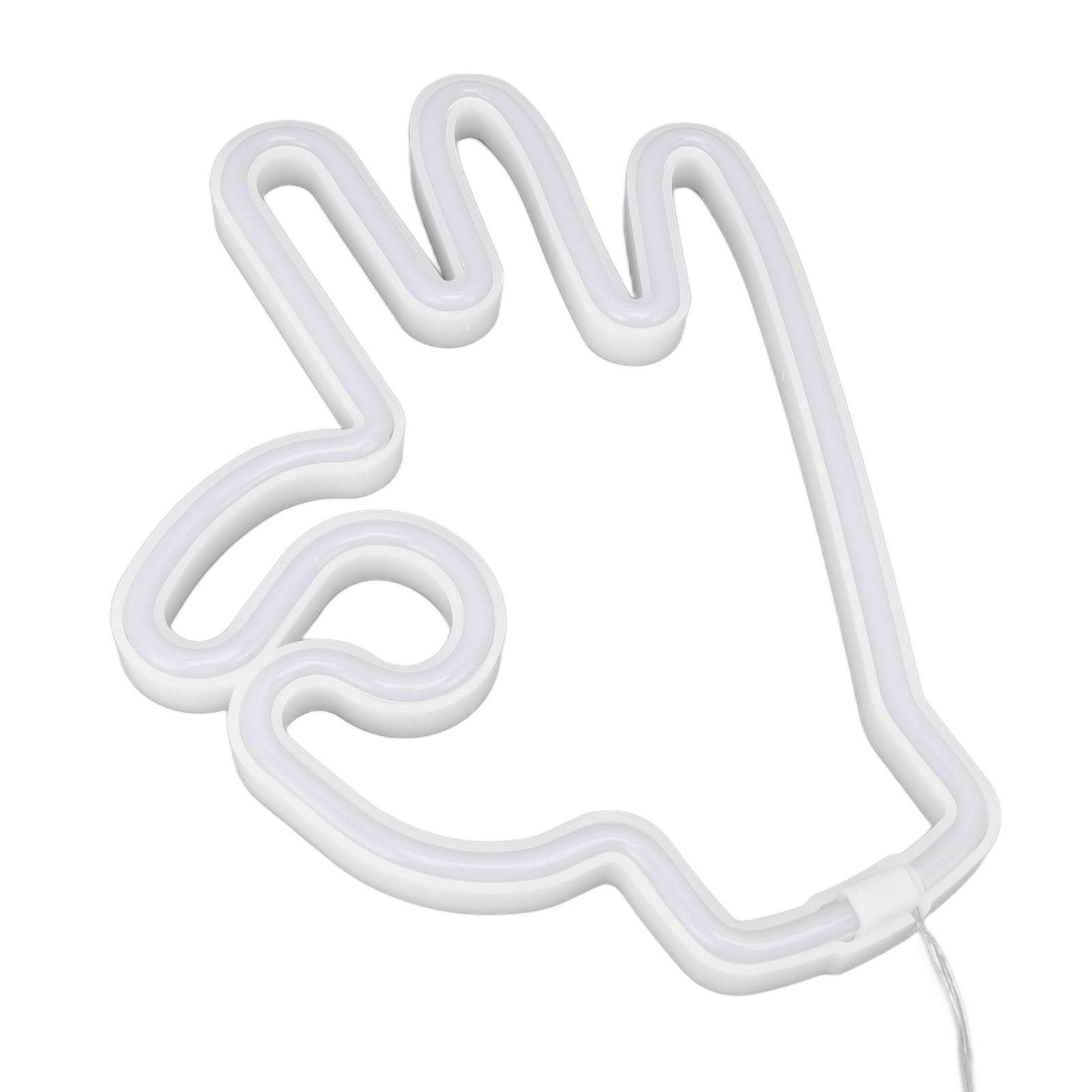 Ein weißes, handförmiges Neonlicht mit Kabel auf weißem Hintergrund.