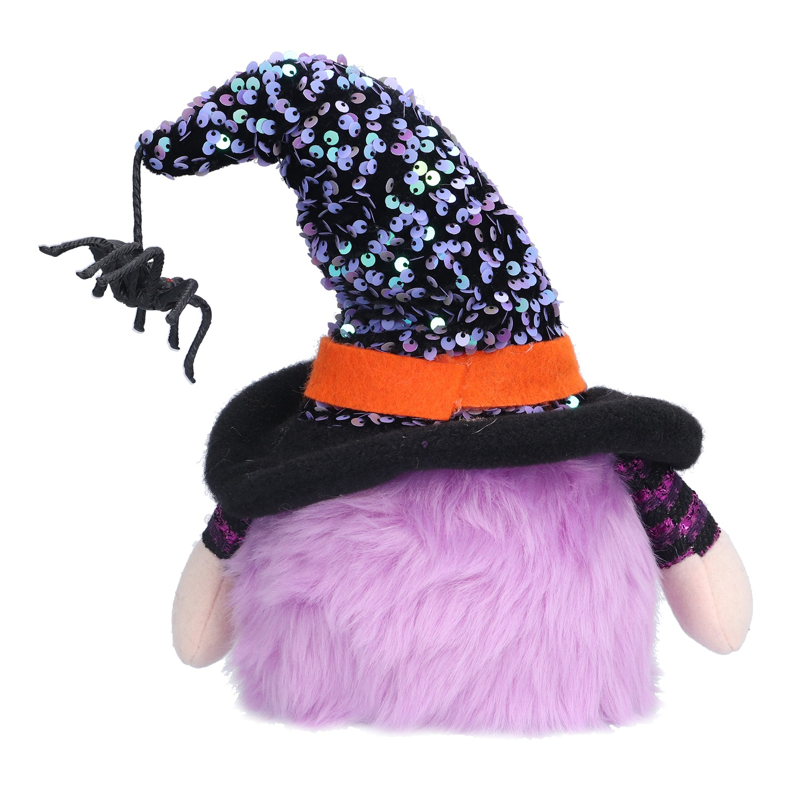 Ein Halloween-Zwerg mit Hexenhut und einer Spinne, die daran hängt. Der Zwerg ist lila und hat schwarze Akzente.