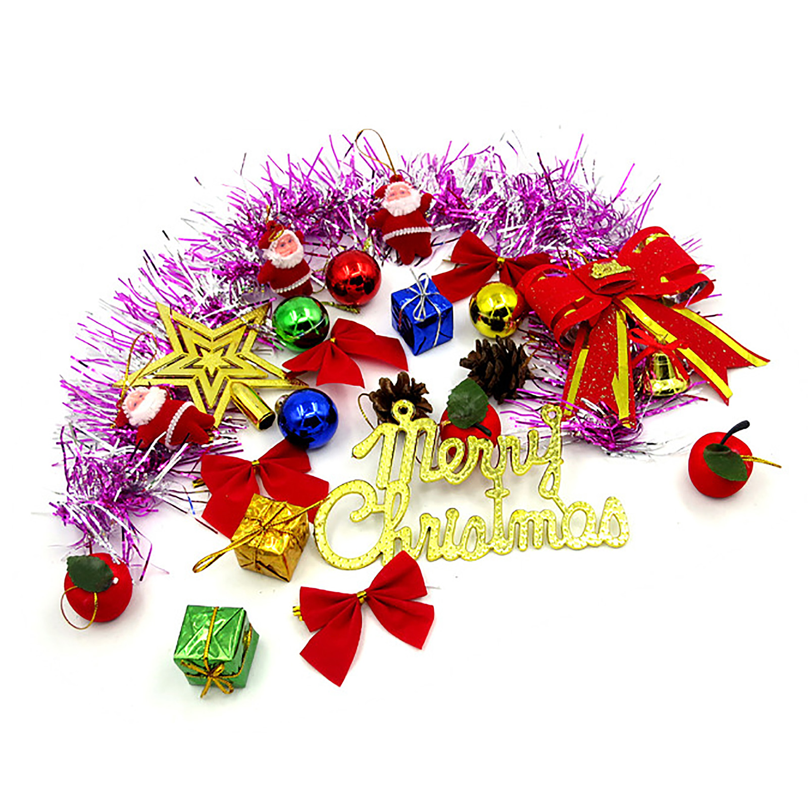 Weihnachtsdekorationen auf Weiß: Weihnachtsmannfiguren, Ornamente, Schleifen, Stern, Geschenke und Text 'Merry Christmas'.