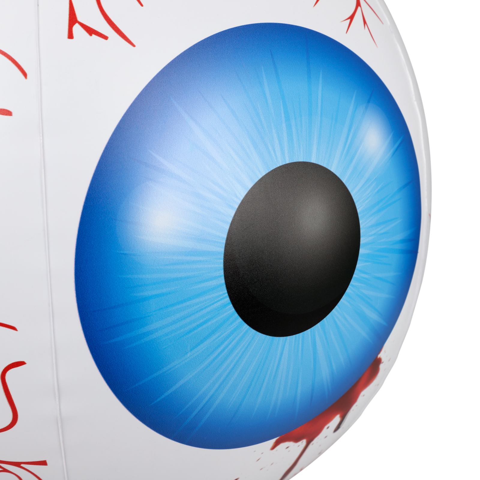 Ein großes, aufblasbares Auge mit blauer Iris, schwarzer Pupille und roten Blutspritzern für Halloween.