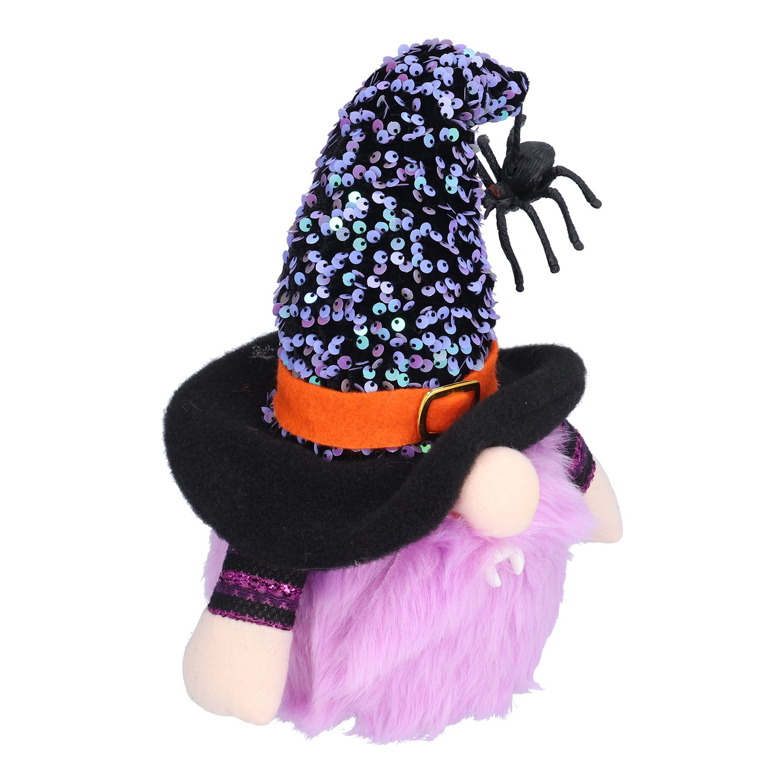 Ein Halloween-Zwerg mit einem schwarzen Hut mit Pailletten, einem orangefarbenen Gürtel und einer schwarzen Spinne.