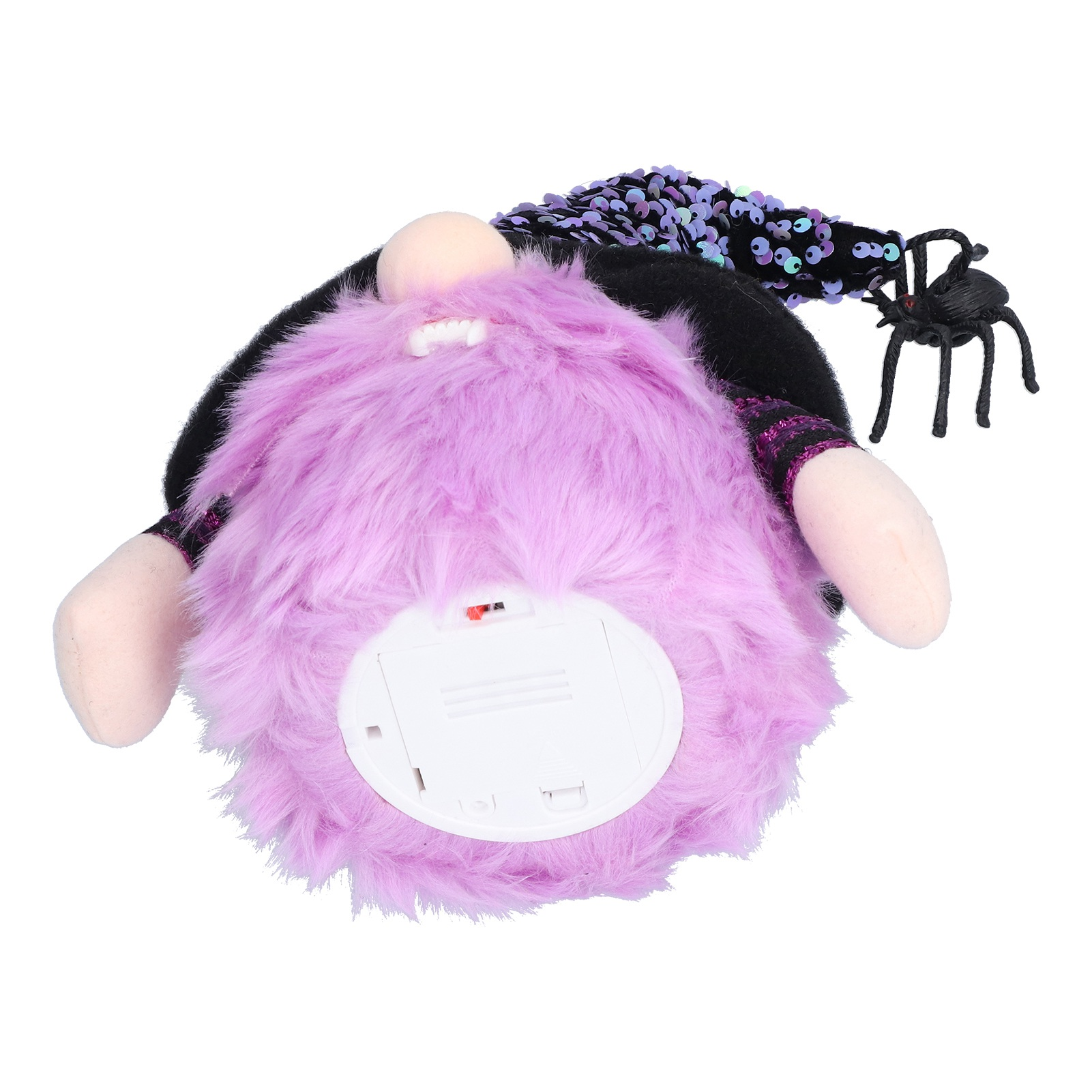 Ein Halloween-Zwerg mit lila Fell, schwarzem Hut mit Pailletten und einer schwarzen Spinne auf dem Hut. Weißer Hintergrund.