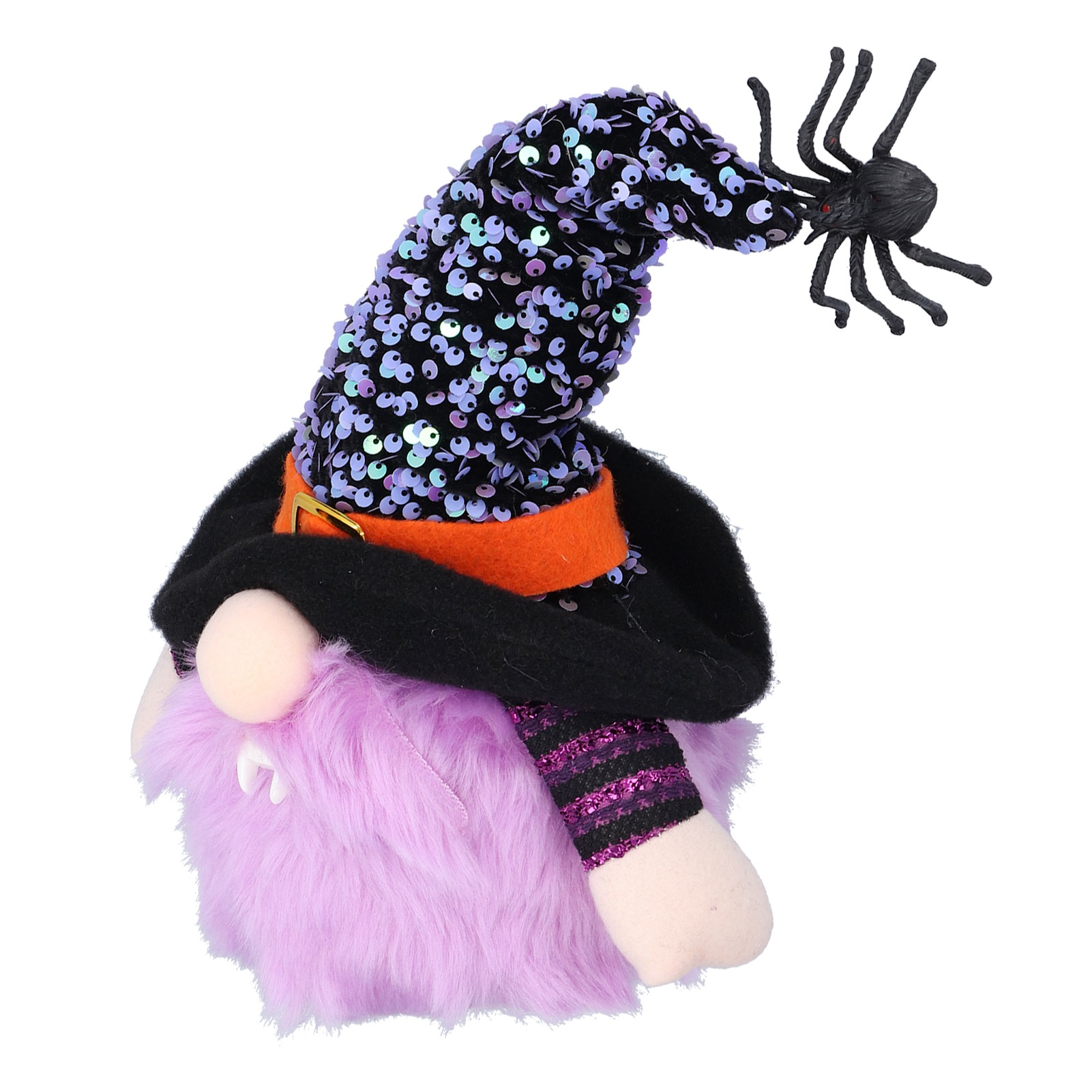 Ein Halloween-Zwerg mit schwarzem Paillettenhut, orangefarbenem Kragen, lila Fell und einer Spinne auf dem Hut.