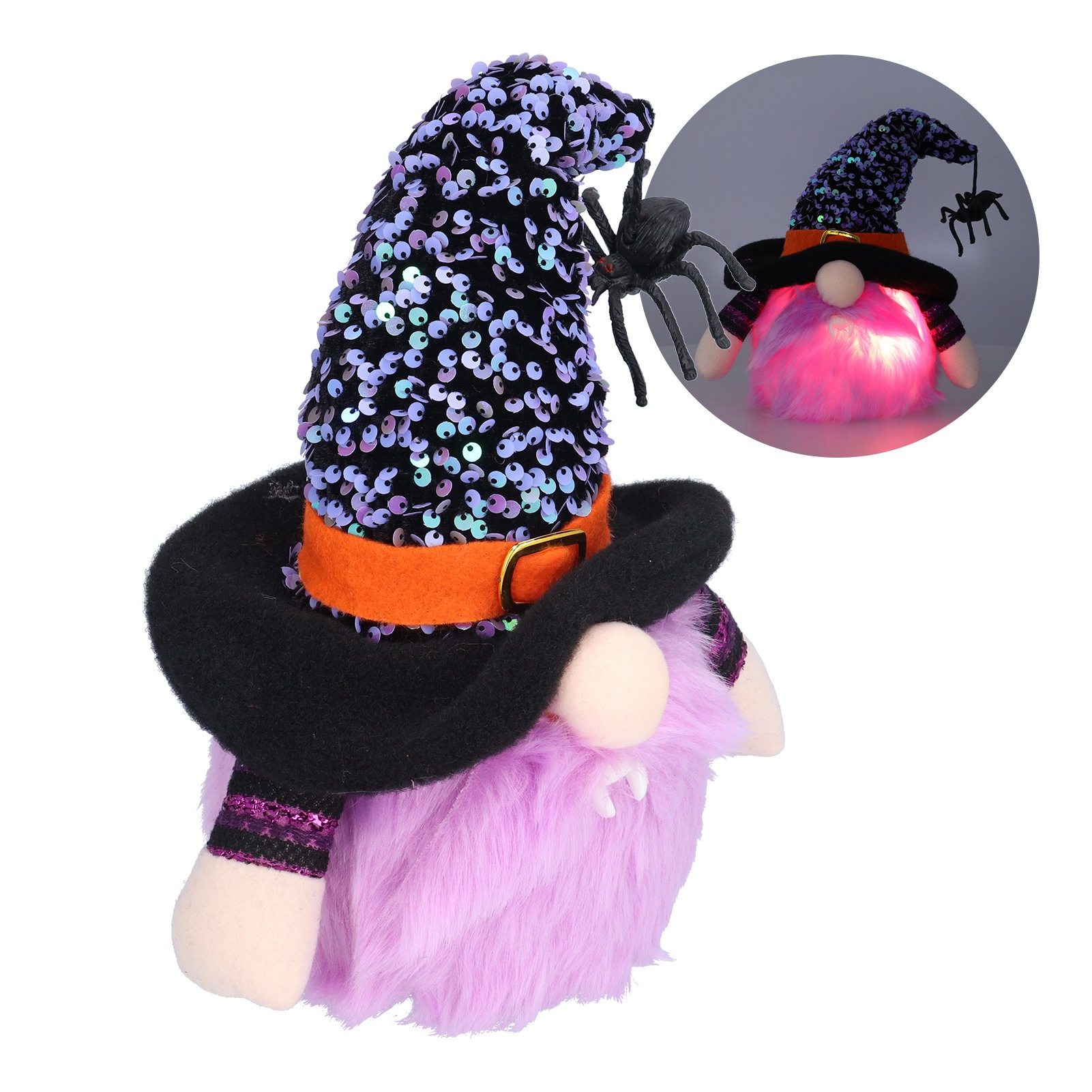 Ein Halloween-Wichtel mit schwarzem Paillettenhut, orangefarbenem Gürtel und lila Fell, mit einer Spinne. Es gibt ein leuchtendes rosa Licht von ihm.