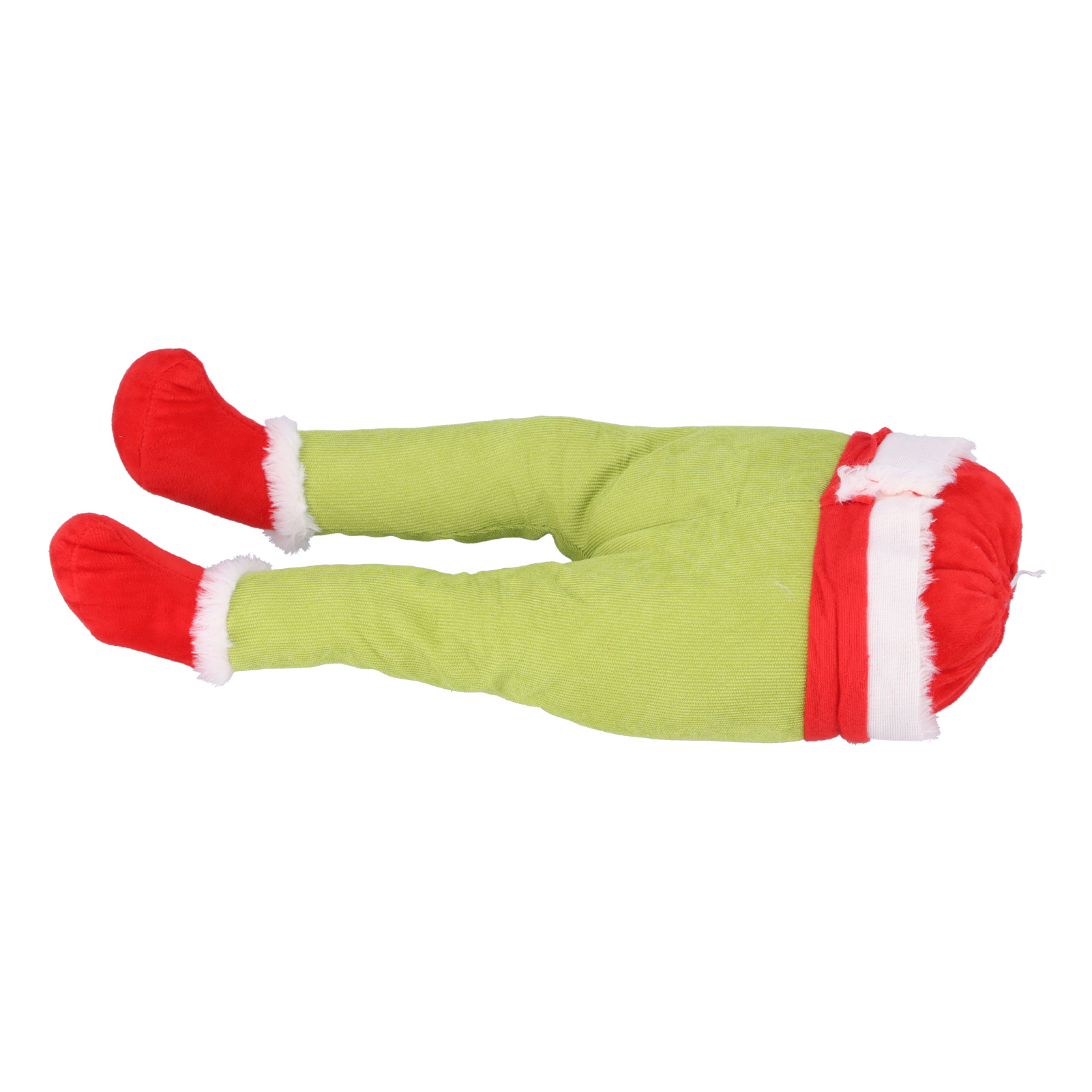 Eine Weihnachtsdekoration aus Plüsch mit grüner Cordhose, roten Socken und einem rot-weiß gestreiften Oberteil.