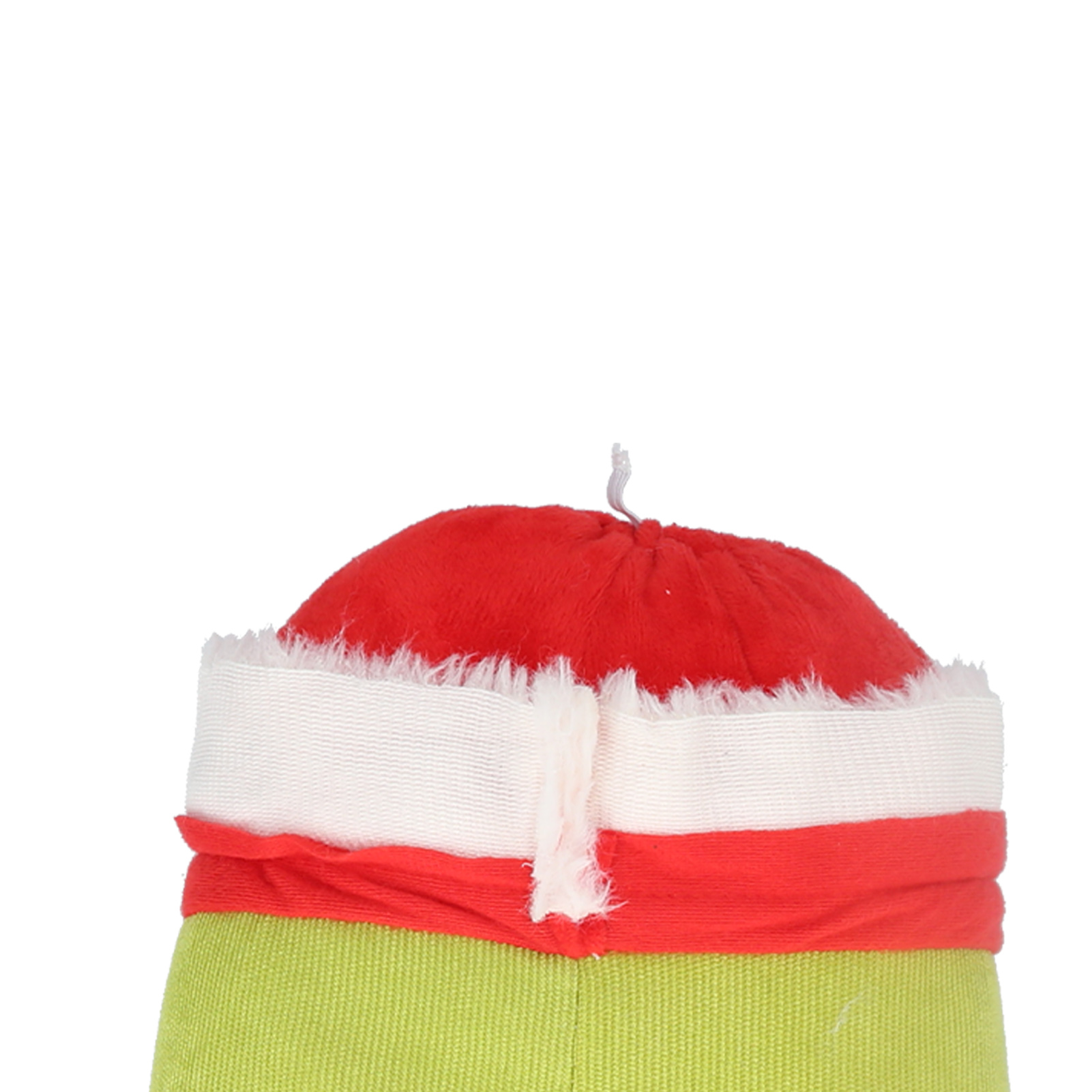 Ein roter Weihnachtsmannhut mit weißem Rand und grüner Basis vor weißem Hintergrund.