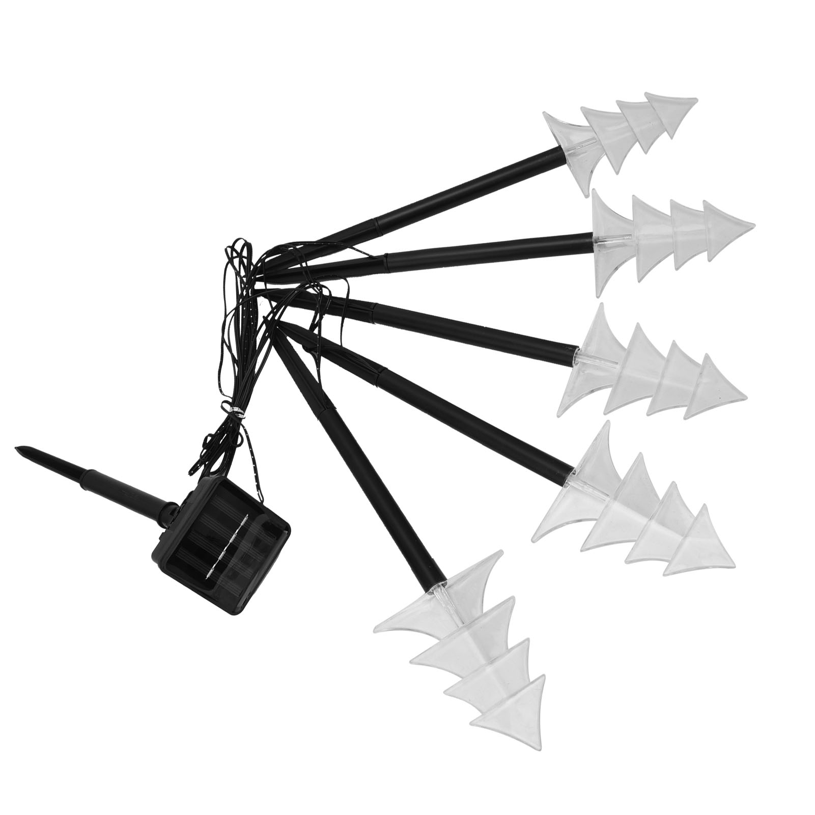 Solarbetriebene Weihnachtslichter. Schwarze Stiele mit klaren, baumförmigen Lichtern. Solarpanel und schwarze Drähte auf weißem Grund.