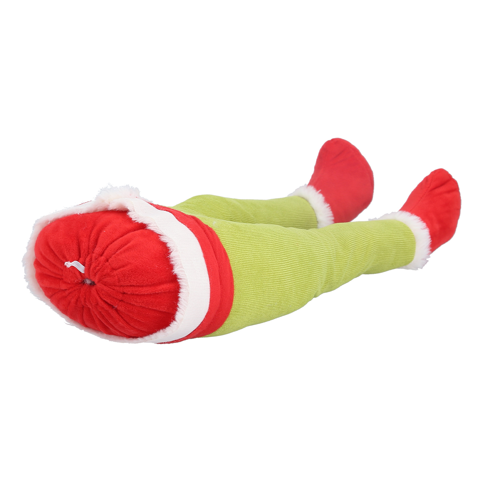 Eine Weihnachtsdekoration: ein roter Plüschkopf und rote Füße, grüne Beine. Weißer Besatz an Kopf und Füßen.