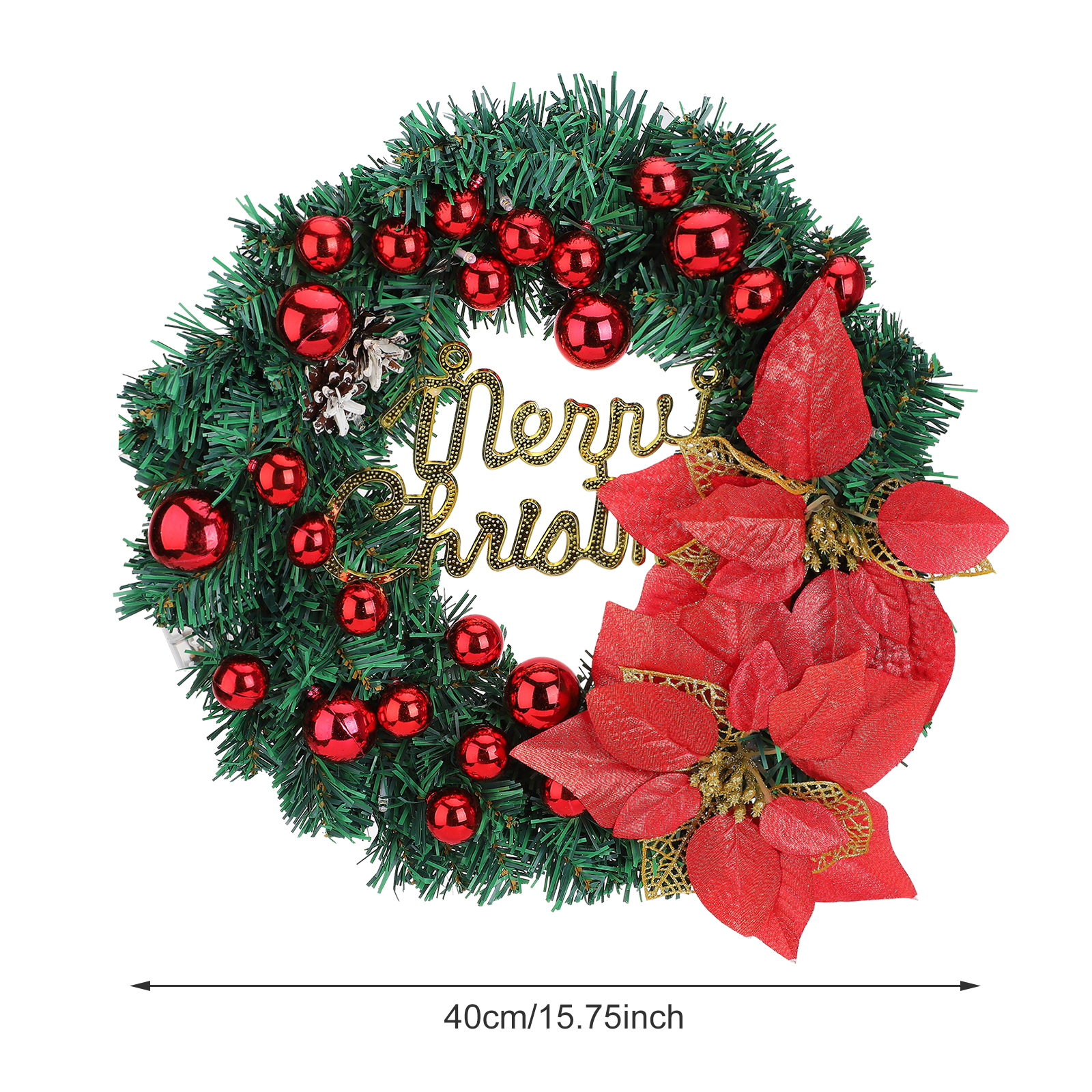 Ein Weihnachtskranz mit roten Ornamenten, goldenem Text und roten Weihnachtssternen auf weißem Grund.