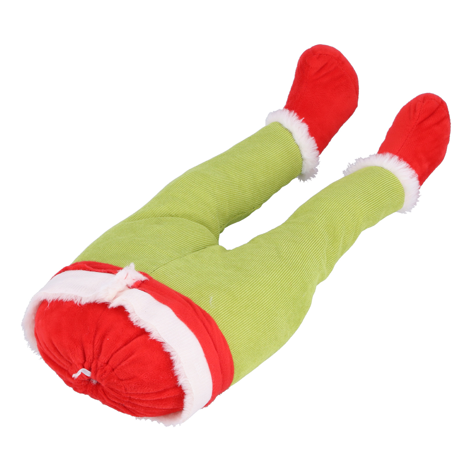 Dekoration mit Elfenbeinen. Grüne Cordhose mit roten Schuhen und rotem Körper mit weißem Besatz, isoliert auf Weiß.