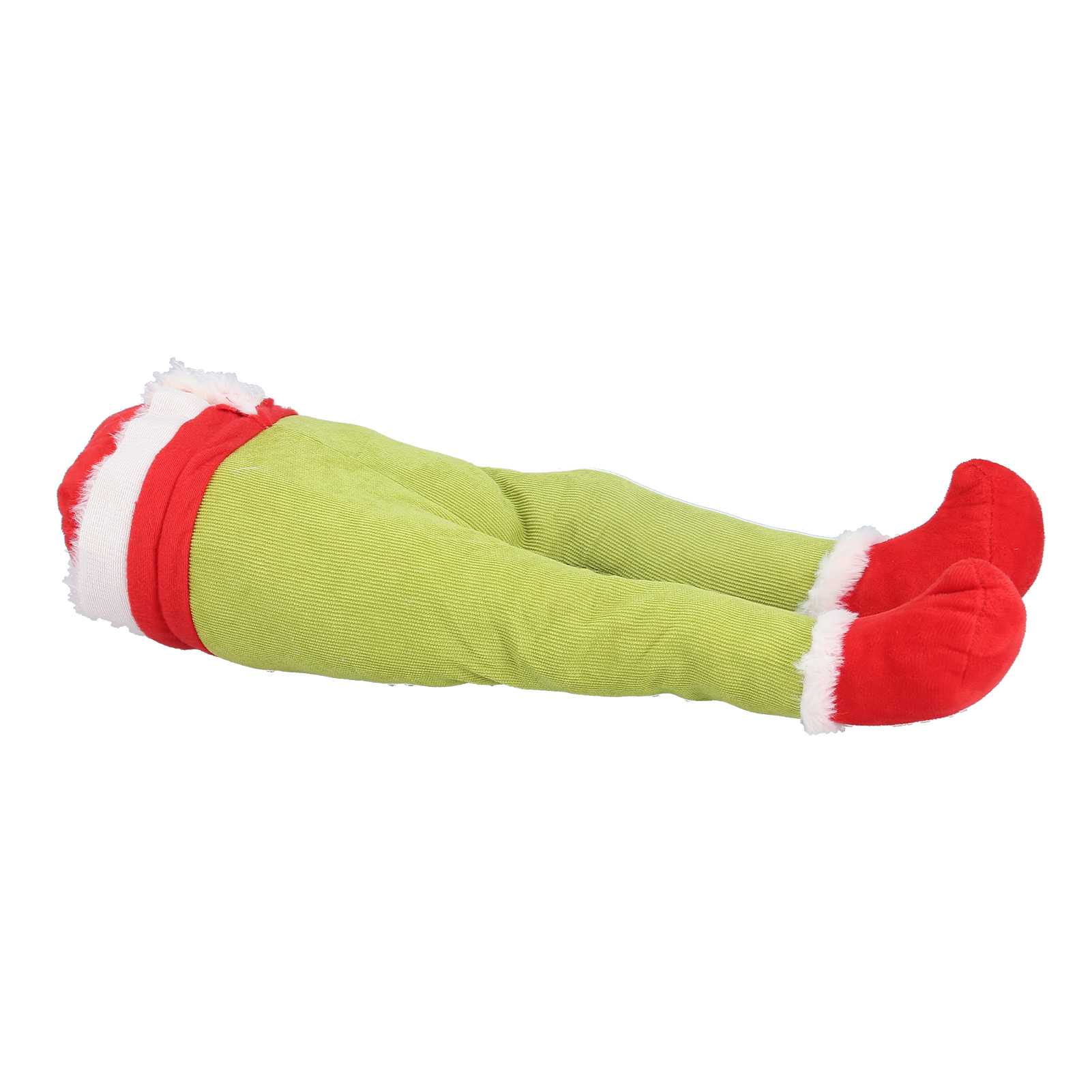 Ein dekorativer Artikel mit grüner Cordhose, roten Schuhen und einem rot-weißen Gürtel. Die Beine liegen.