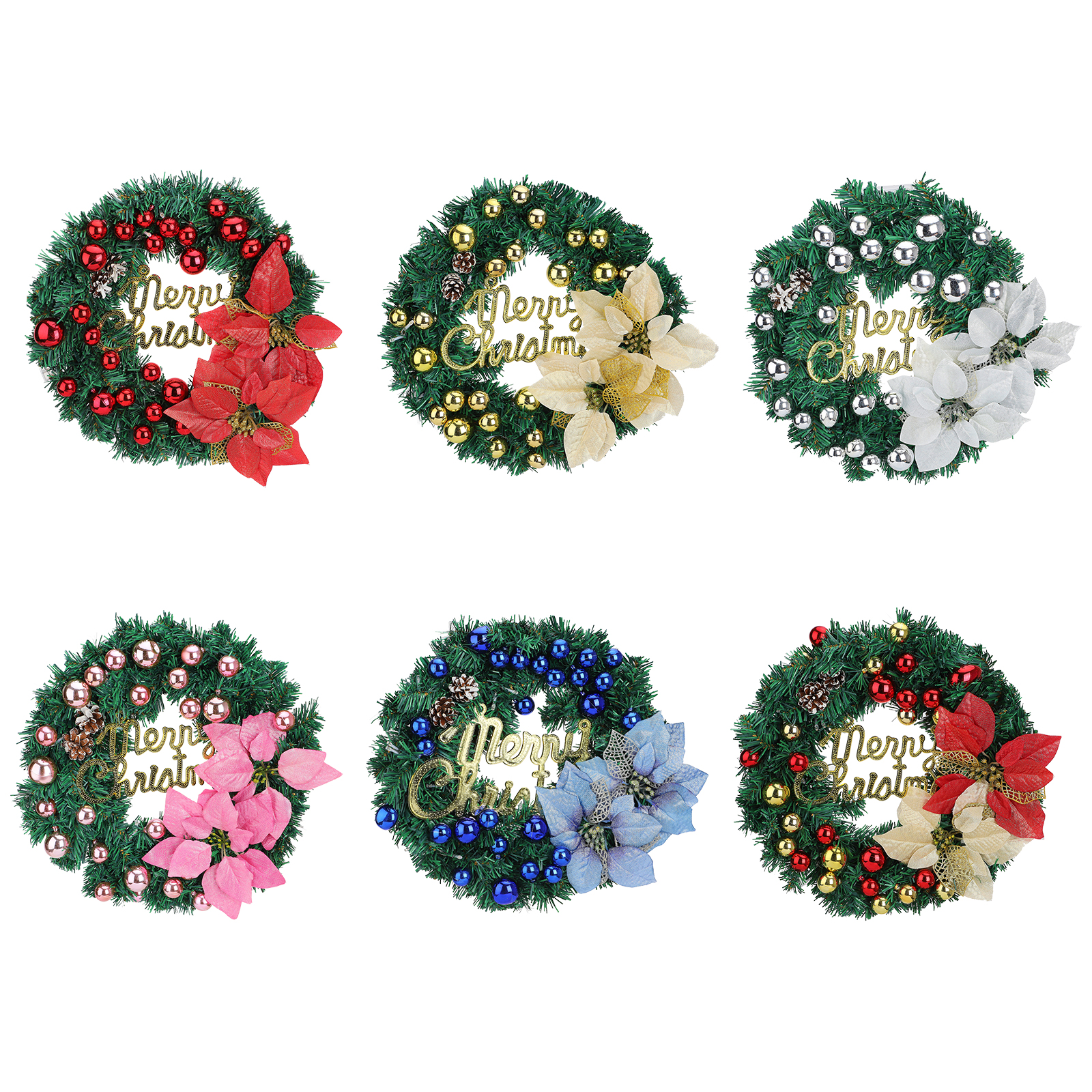 Sechs Weihnachtskränze mit Ornamenten. Rote, goldene, silberne, rosa, blaue Kugeln mit Blumen und 'Merry Christmas'-Texten sind sichtbar.