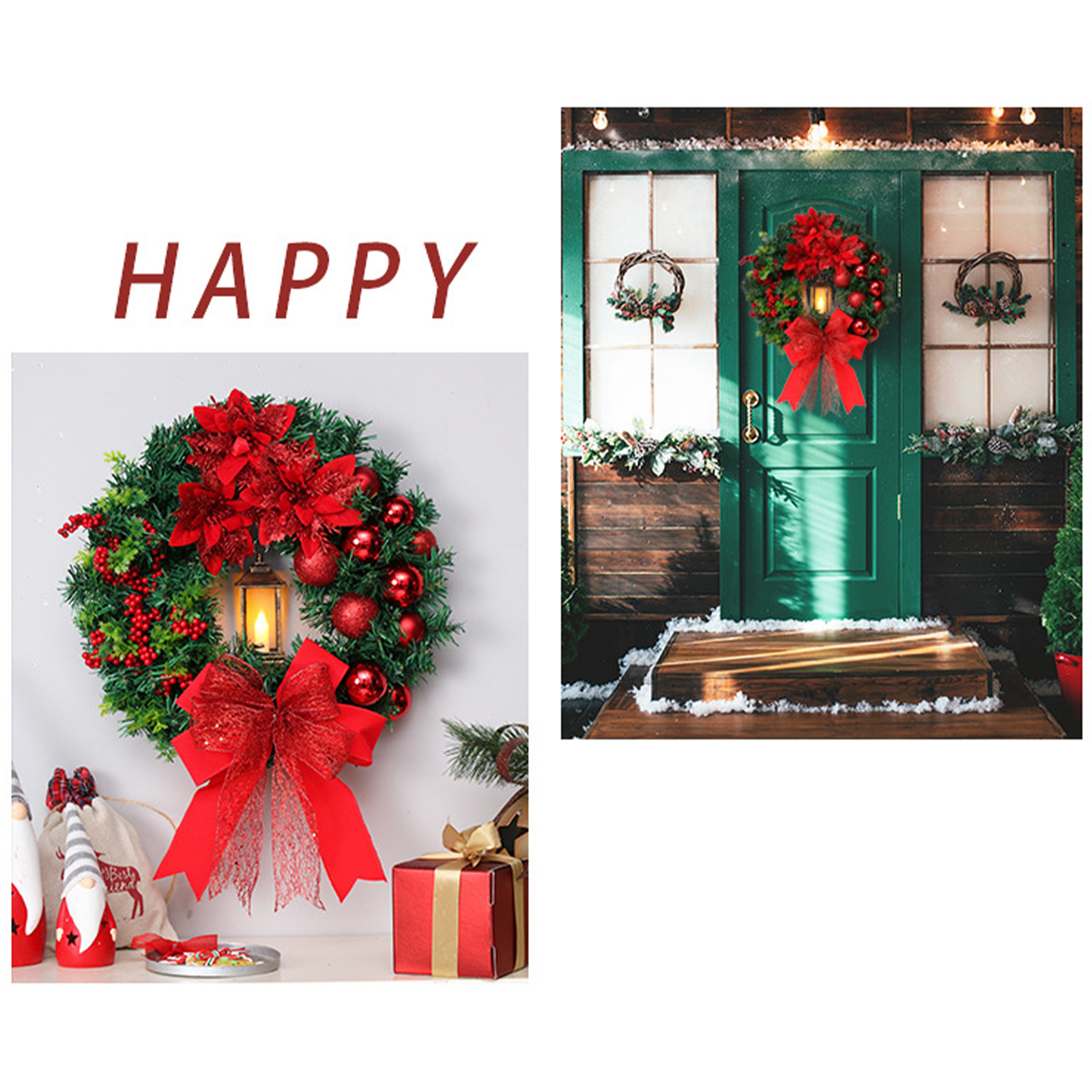 Weihnachtsszene mit Kränzen, Tür, Geschenken und dem Wort 'HAPPY'. Kränze mit roten Blumen und Ornamenten dekoriert.