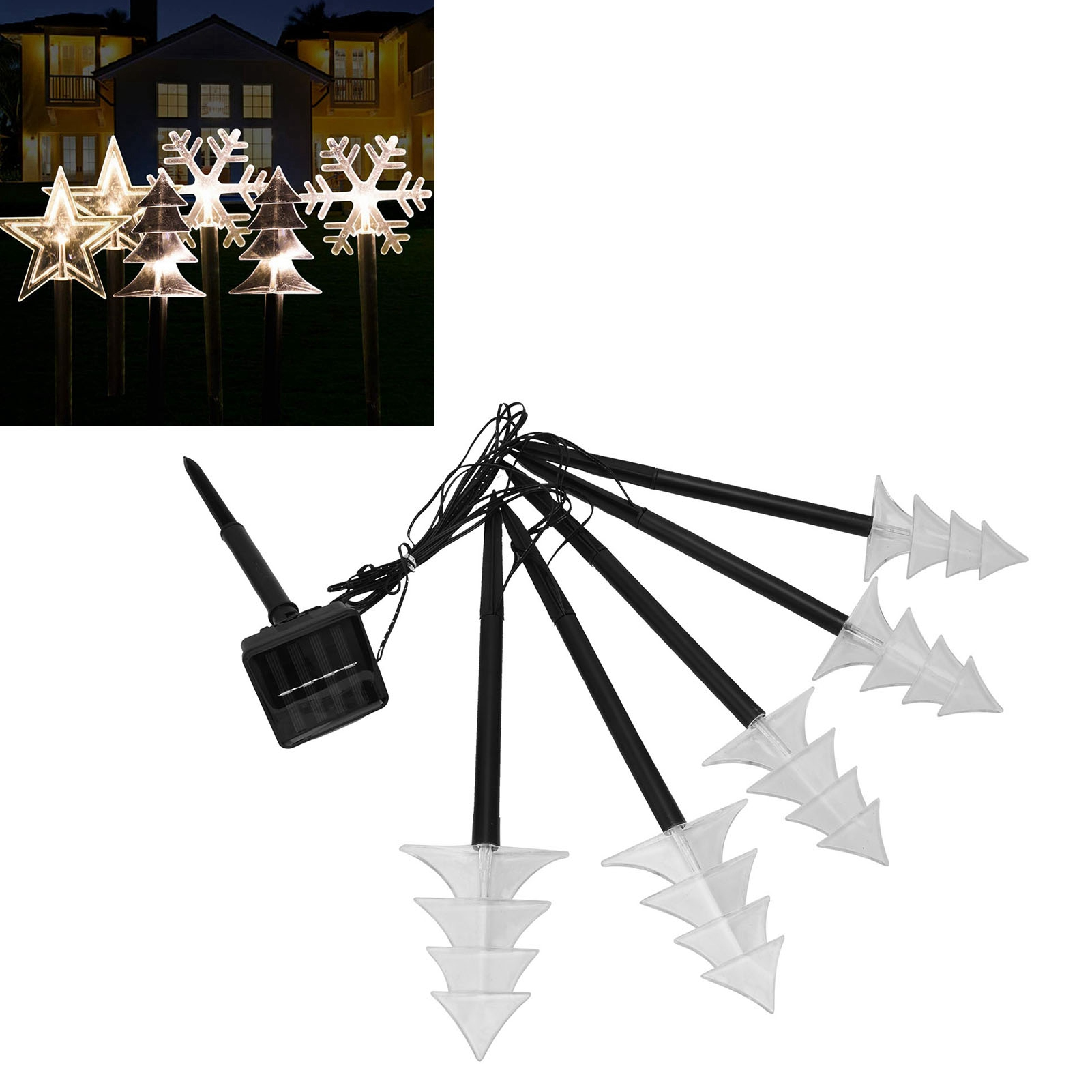 Weihnachtsbeleuchtung mit Schneeflocken-, Stern- und Baumformen. Der Hintergrund zeigt ein Haus bei Nacht.