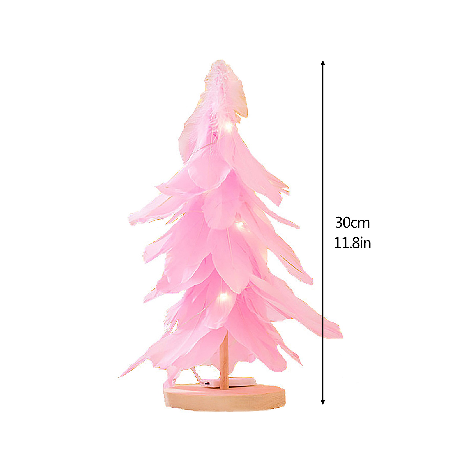 Ein rosa Feder-Weihnachtsbaum mit Lichtern. Er steht auf einem Holzsockel. Ein Messpfeil zeigt, dass er 30 cm/11,8 Zoll hoch ist.