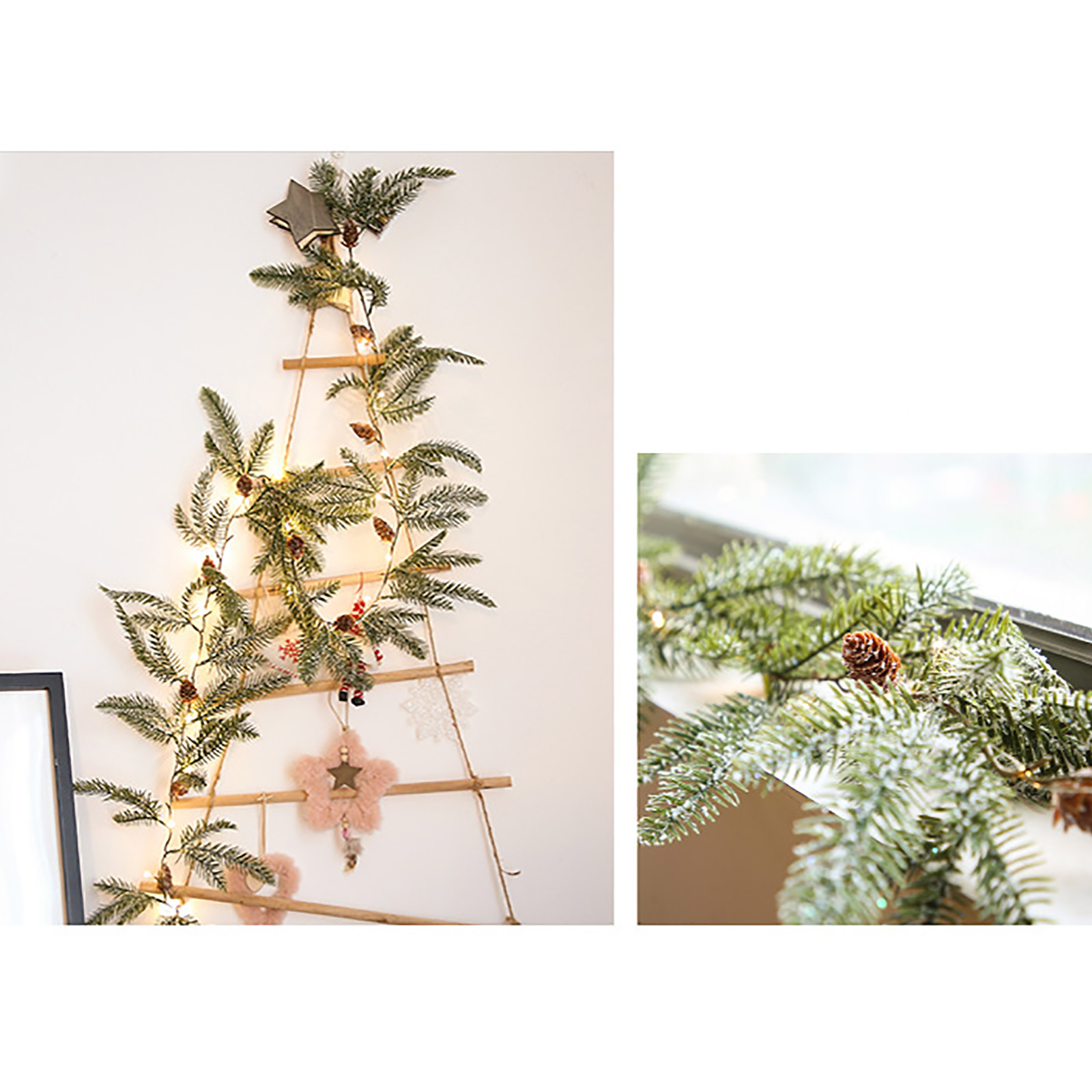 Ein Weihnachtsbaum aus einer Leiter mit Tannenzweigen, Tannenzapfen und rosa Ornamenten an einer weißen Wand.