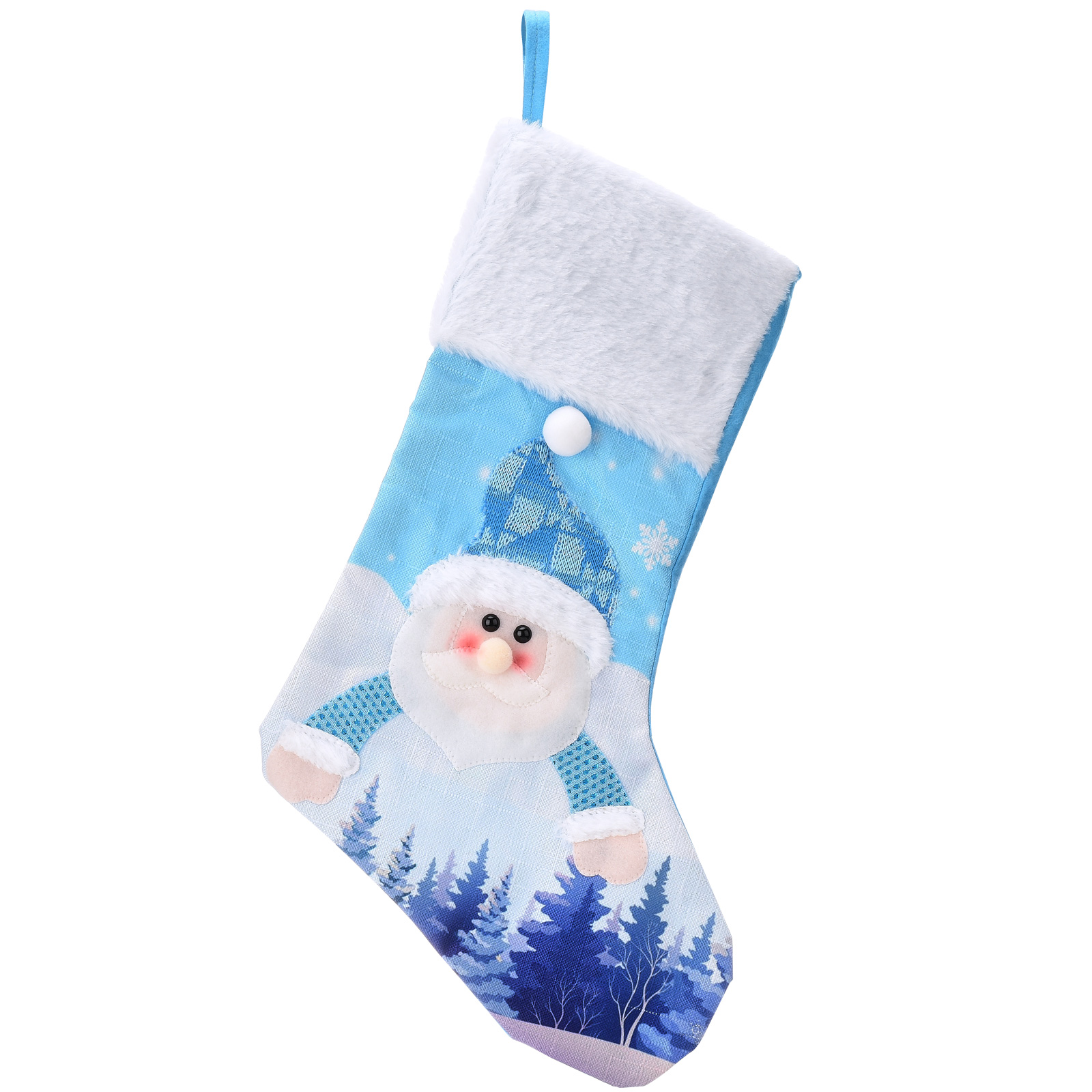 Ein Weihnachtsstrumpf mit Santa Claus-Illustration und weißem Fellbündchen auf weißem Hintergrund.