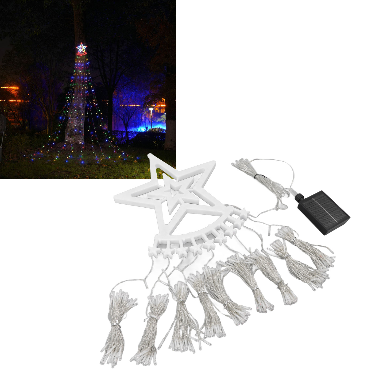 Ein Baum, der mit Lichterketten geschmückt ist. Oben befindet sich ein weißer Stern. Solarpanel und sternförmige Lichter sind im Vordergrund.