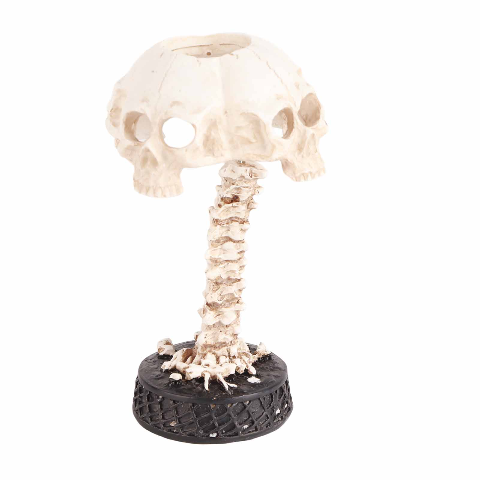 Eine dekorative Halloween-Schädelskulptur mit einem knochenfarbenen Schädelaufsatz, einem wirbelsäulenartigen Stiel und einem schwarzen Sockel.