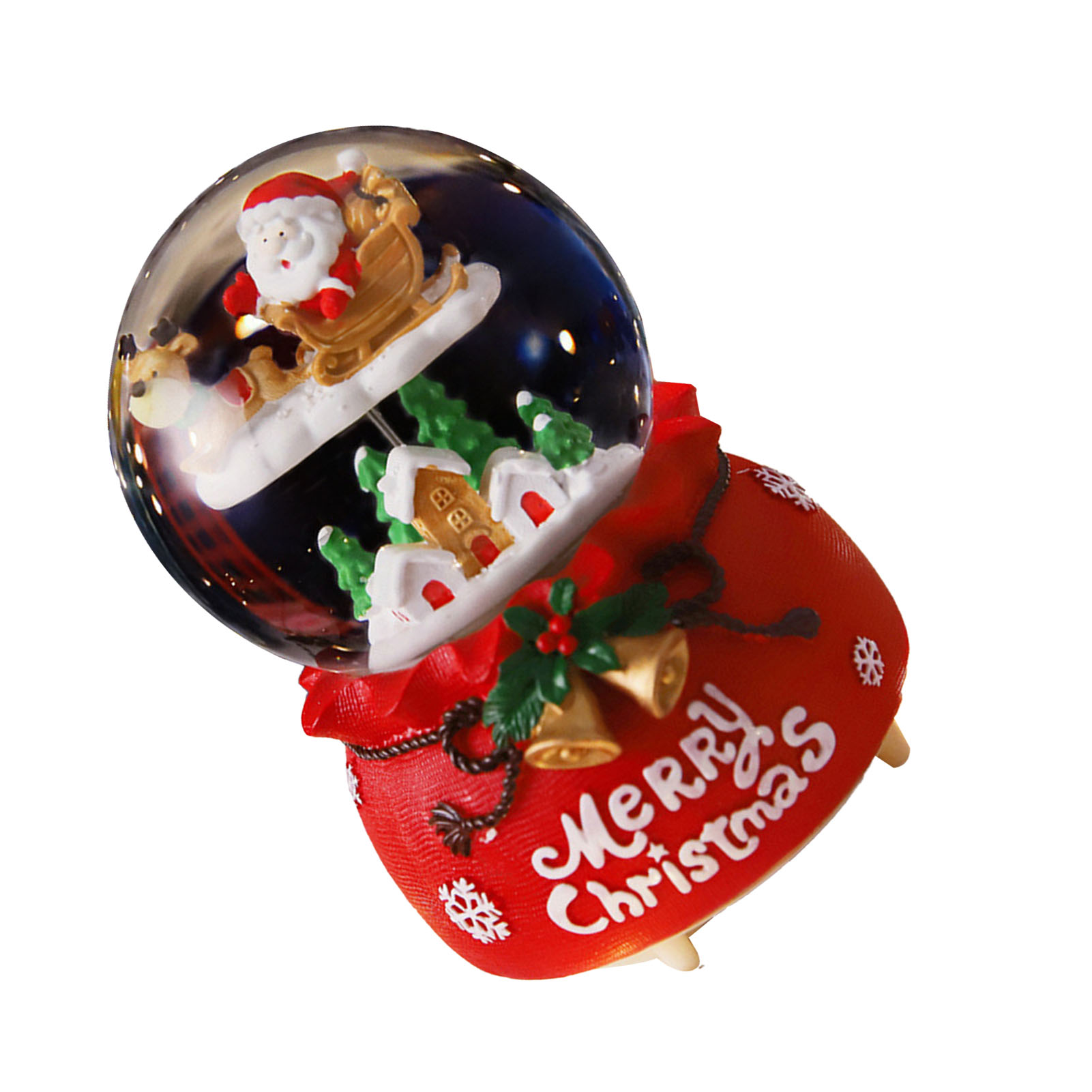 Eine Schneekugel mit Santa in einem Schlitten. Roter Sockel mit Aufschrift Frohe Weihnachten, mit Glocken und Schneeflocken. Häuser und Bäume drin.