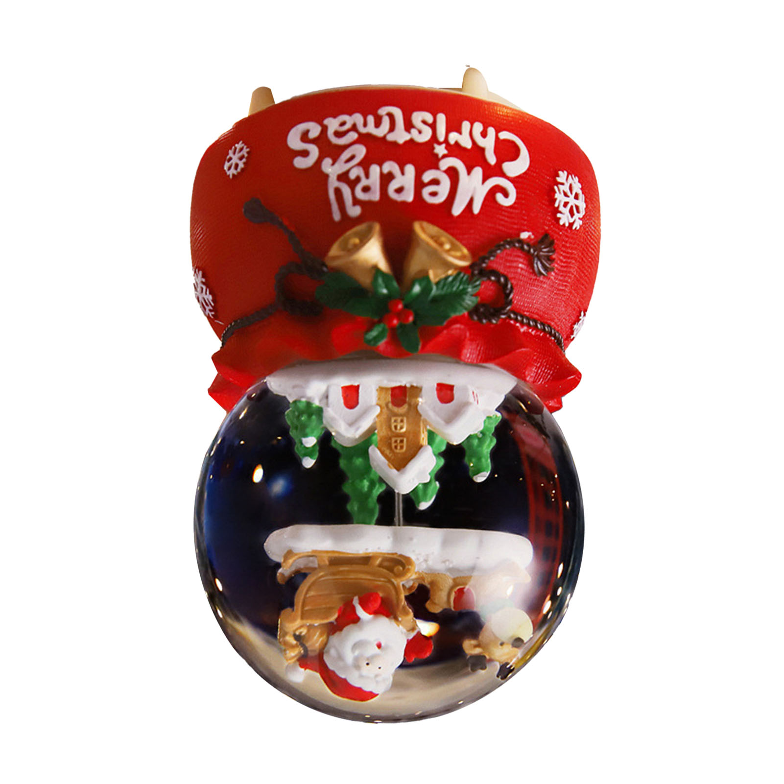 Eine Weihnachtskugel mit Santa, einem Haus und einem roten Banner mit 'Merry Christmas'.