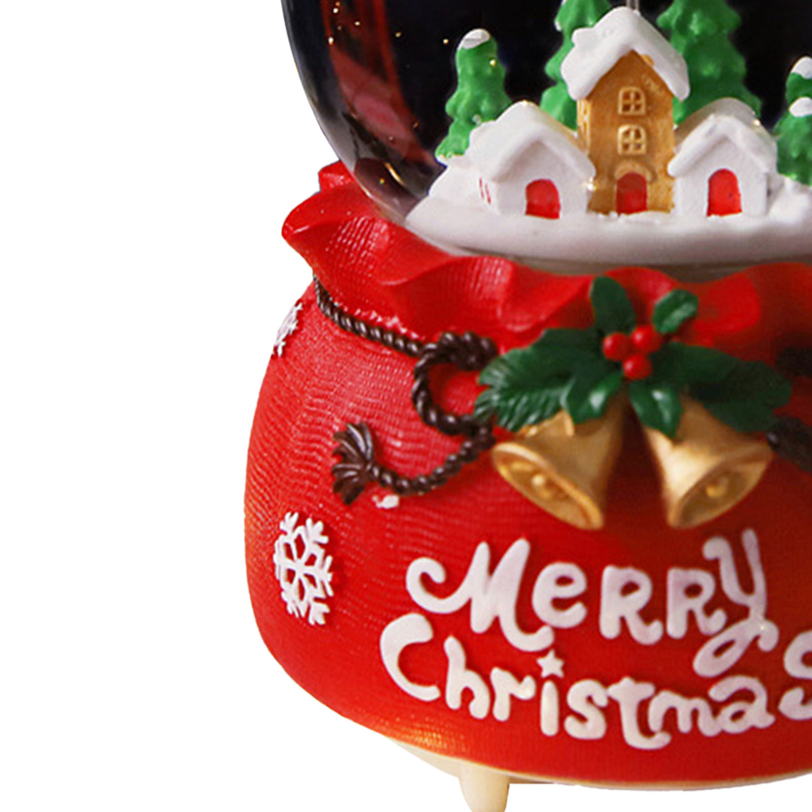 Weihnachtsschneekugel. Roter Sockel mit Schneeflocken, Glocken und Text. Enthält eine Winterszene mit Häusern und Bäumen.