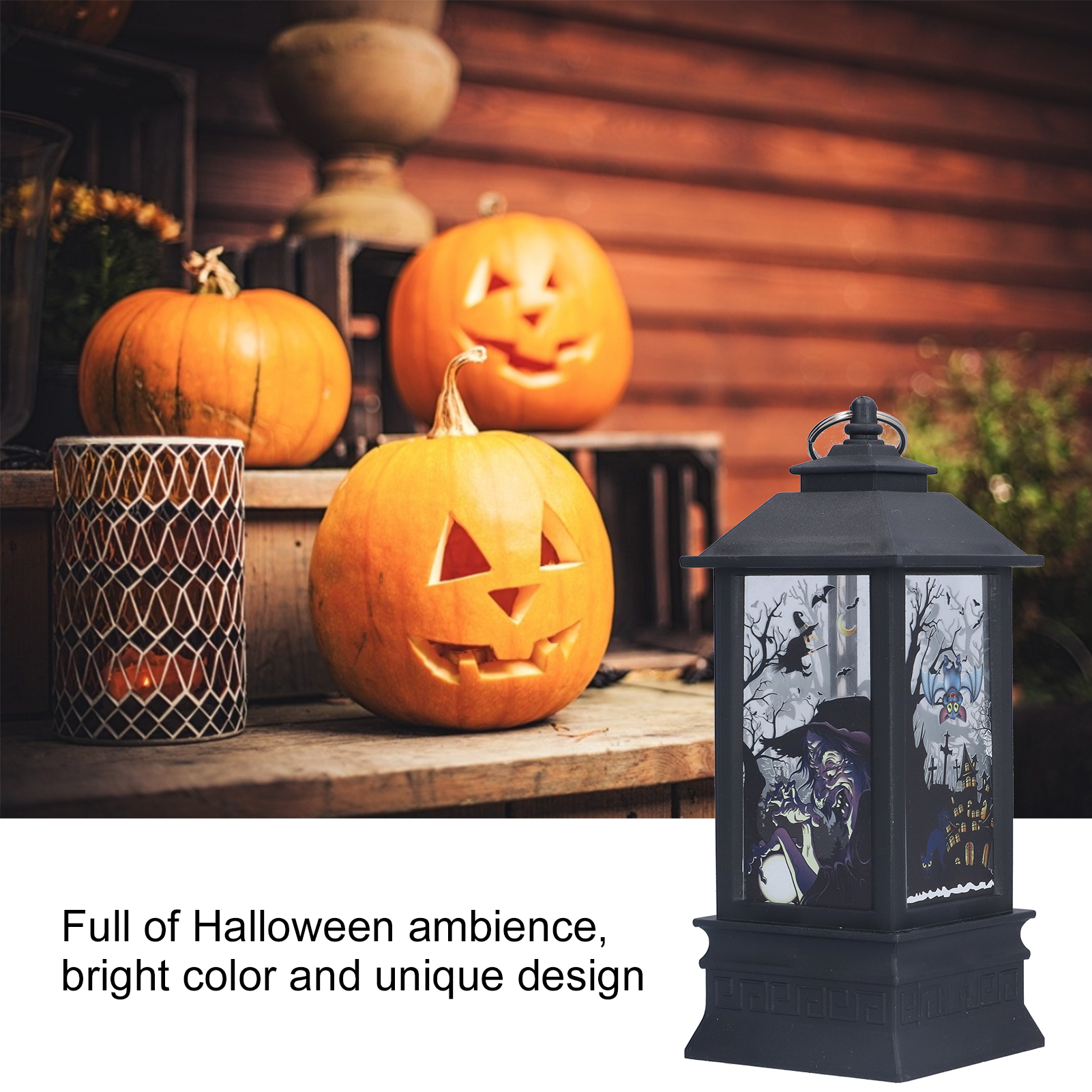 Halloween-Szene mit geschnitzten Kürbissen, einer Laterne mit gruseligen Bildern und einem hölzernen Hintergrund. Herbstfarben dominieren.