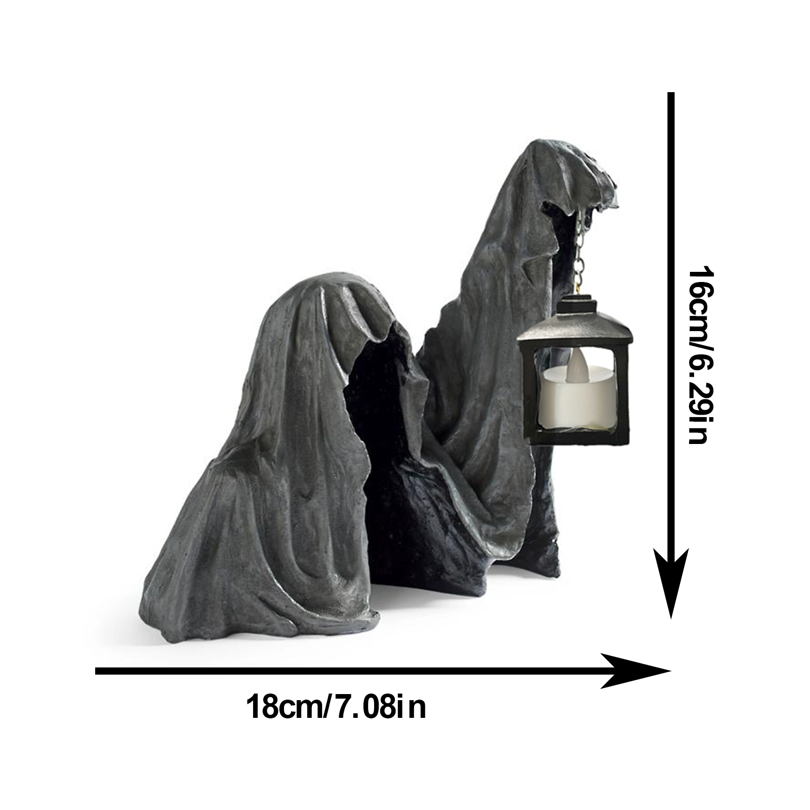 Eine Halloween-Dekoration einer grau drapierten Figur mit einer hängenden Laterne. Die Abmessungen betragen 18 cm x 16 cm.