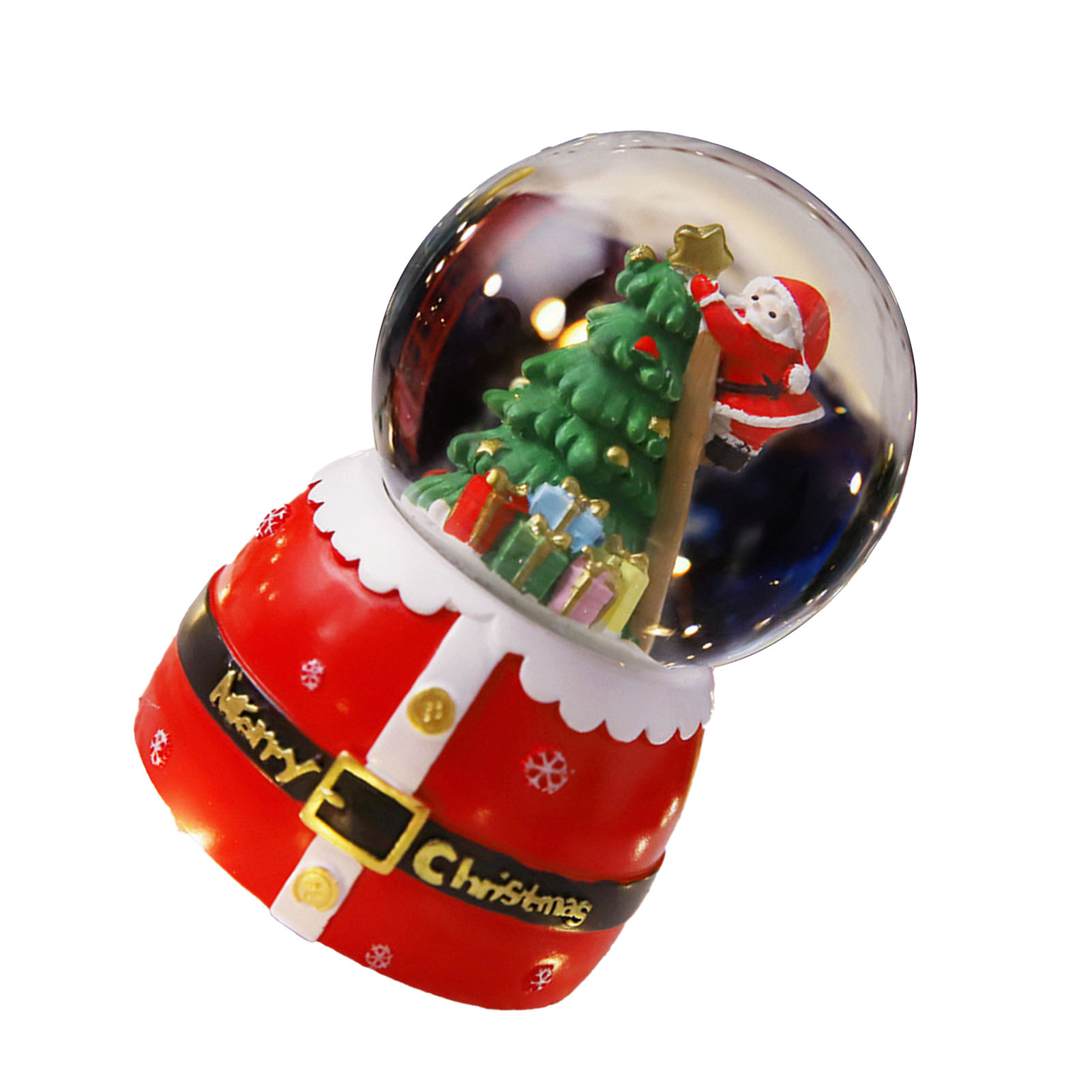 Eine Weihnachtskugel. Der Weihnachtsmann klettert an einer Stange hoch, um einen Stern auf einen Baum zu setzen. Geschenke sind unter dem Baum. Die Basis ist rot.