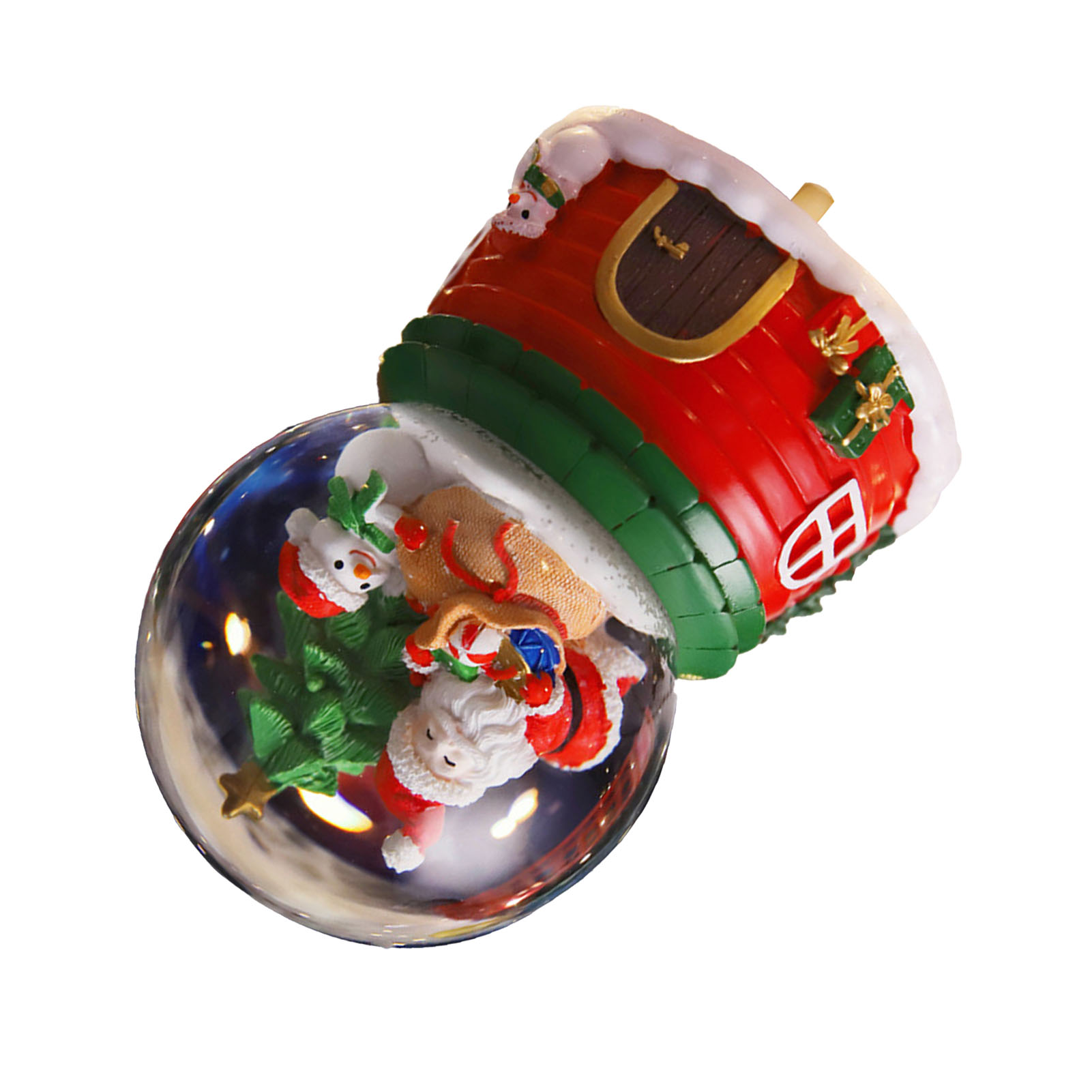 Eine Weihnachtsschneekugel mit Weihnachtsmann, Schneemann und Weihnachtsbaum. Obenauf ein rotes Haus.