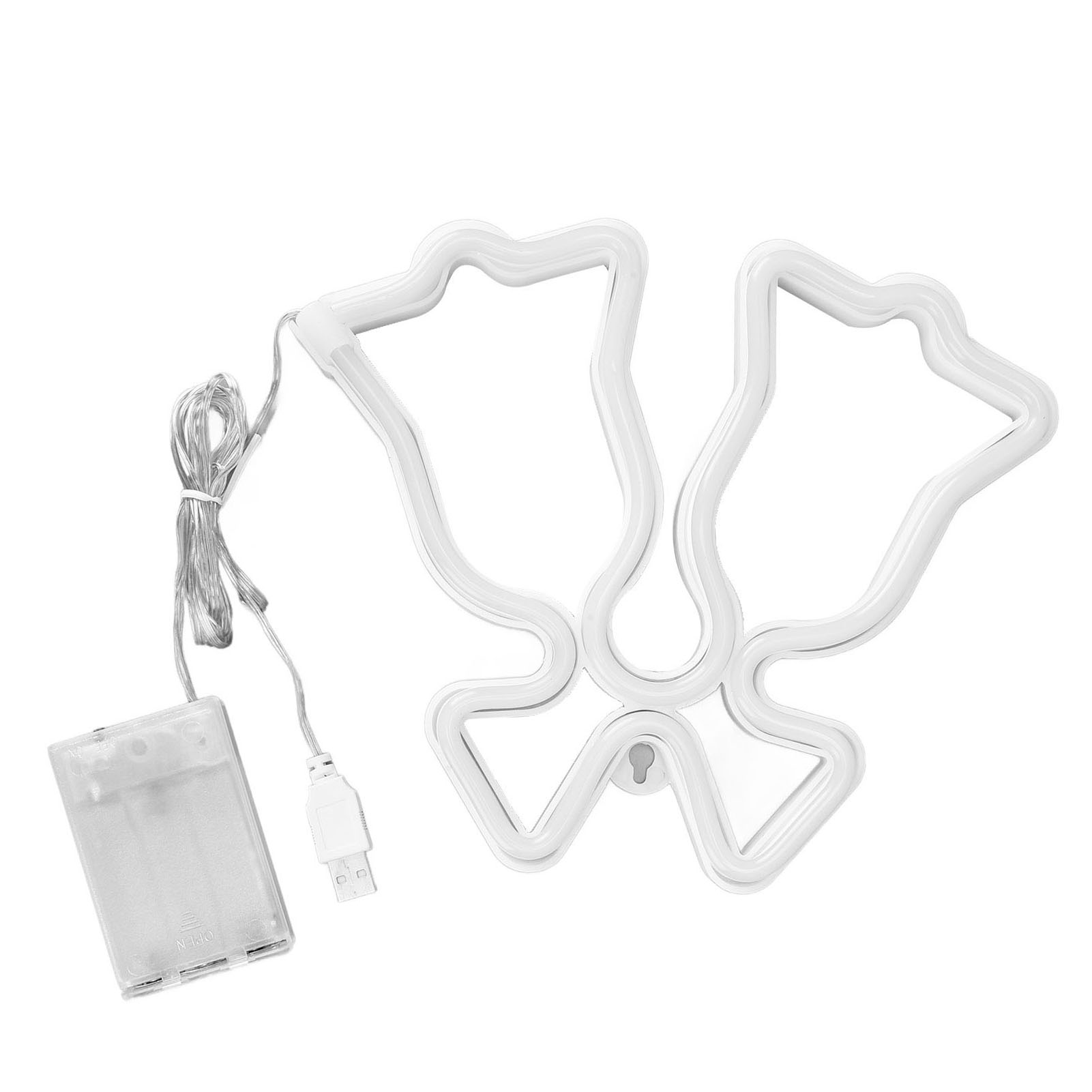 Weißes Neonlicht in Form von zwei stilisierten Blumen, verbunden durch ein Kabel mit einem Akkupack und USB-Stecker auf weißem Hintergrund.