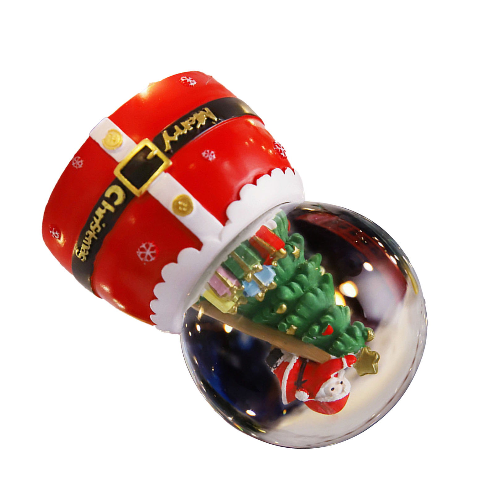 Eine Weihnachtskugel, Santa-Hut oben, ein Baum und Santa im Inneren der Kugel.