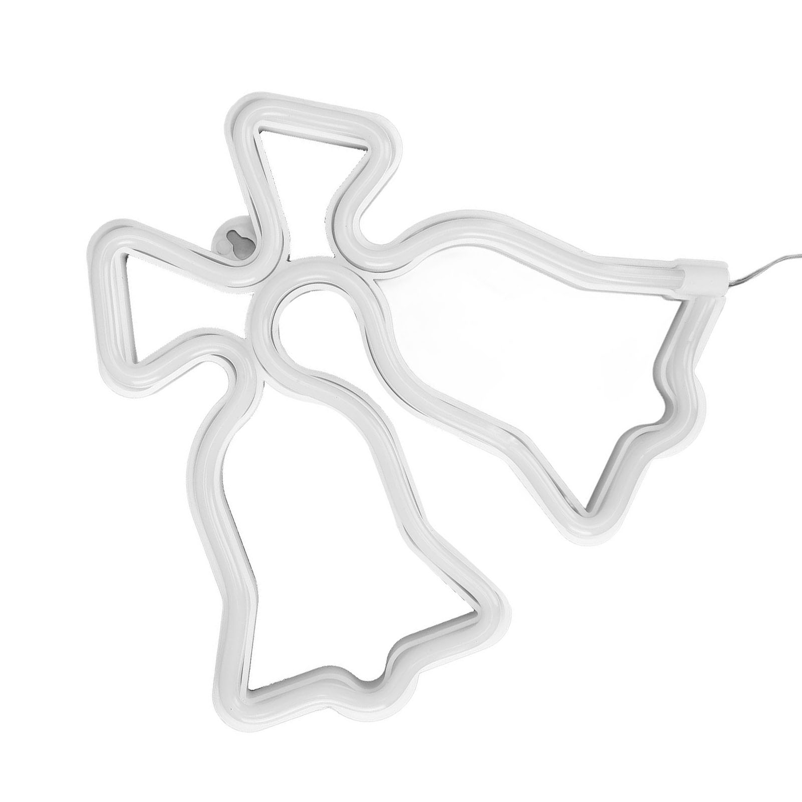 Ein weißes Neon-Engel-Form auf weißem Hintergrund. Der Engel hat Flügel und einen Heiligenschein und einen Hängedraht.