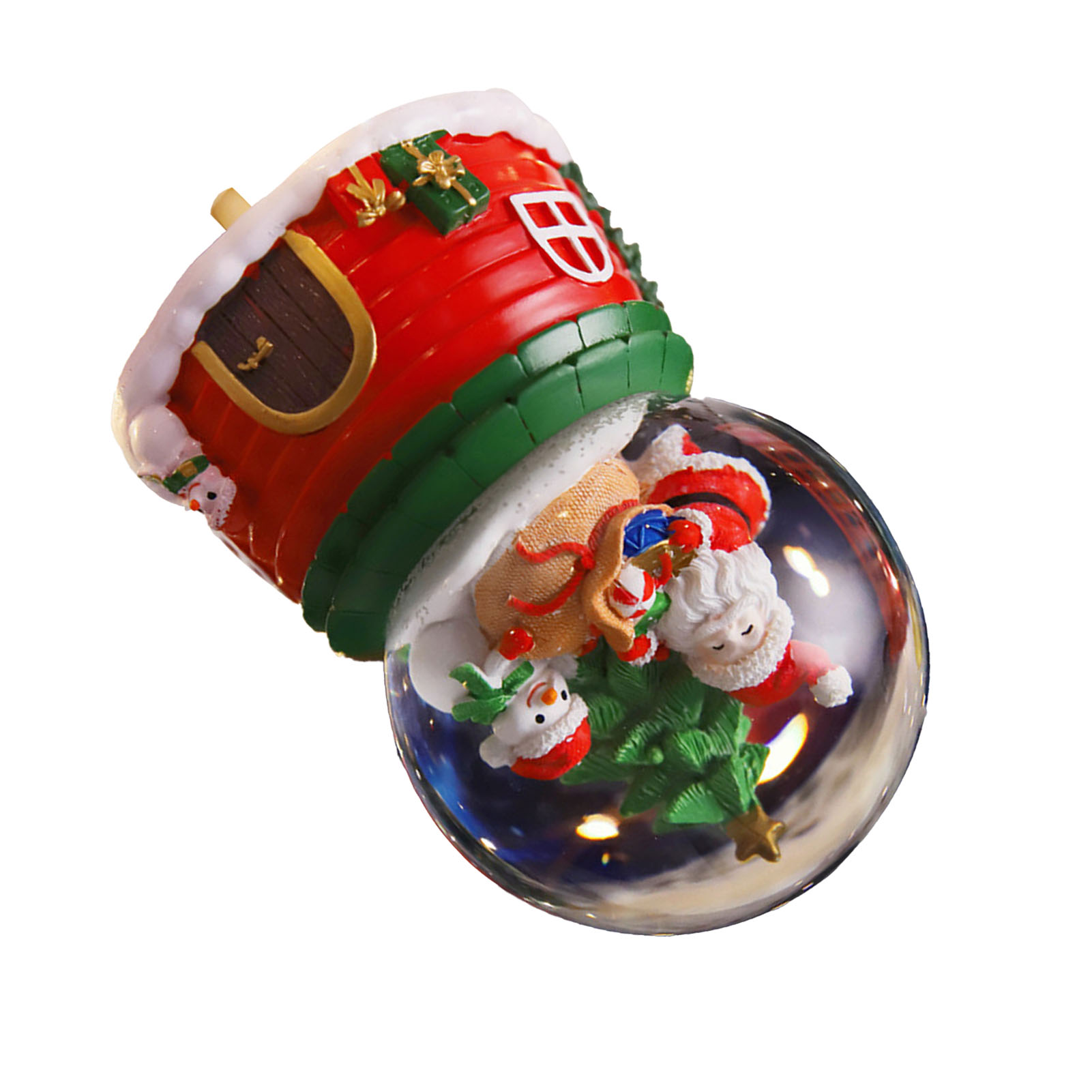 Eine Weihnachtskugel mit Weihnachtsmann, Schneemann und Weihnachtsbaum in einer Glaskugel, mit einem roten Haus oben.