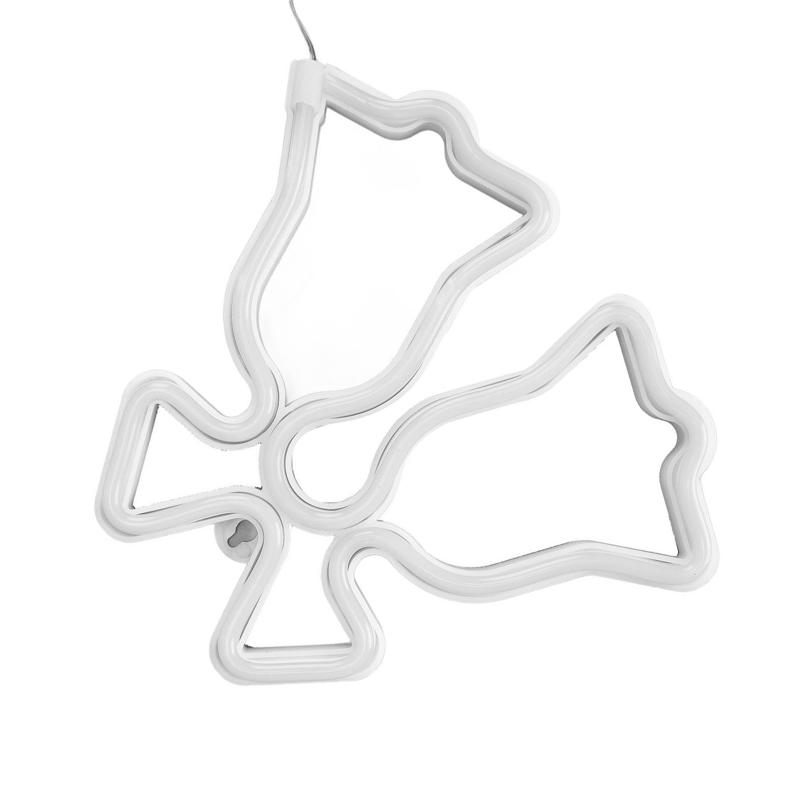 Weiße Neonleuchte in Blumenform, hängt vor weißem Hintergrund. Das Licht ist mit einem dünnen Draht befestigt.