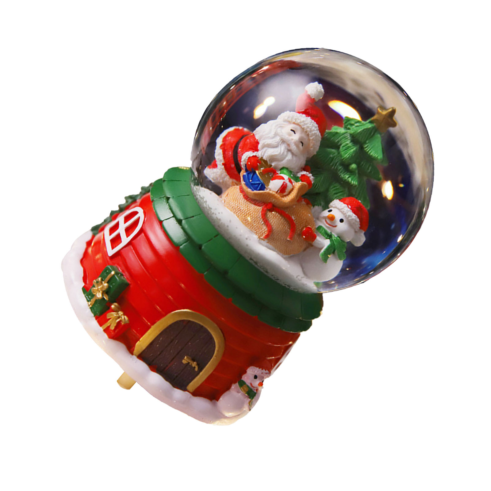 Eine Schneekugel mit Weihnachtsmann, Schneemann und Weihnachtsbaum darin. Rotes Haus mit grünem Dach.